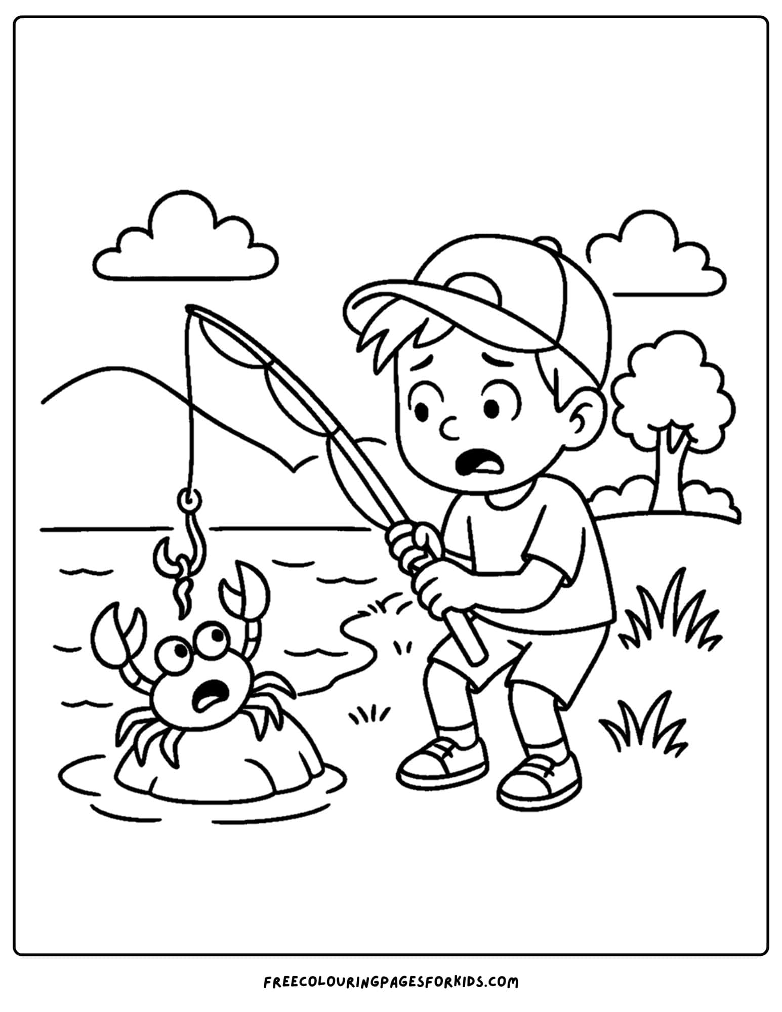 a fishing coloring page of a child with a crab stealing his bait