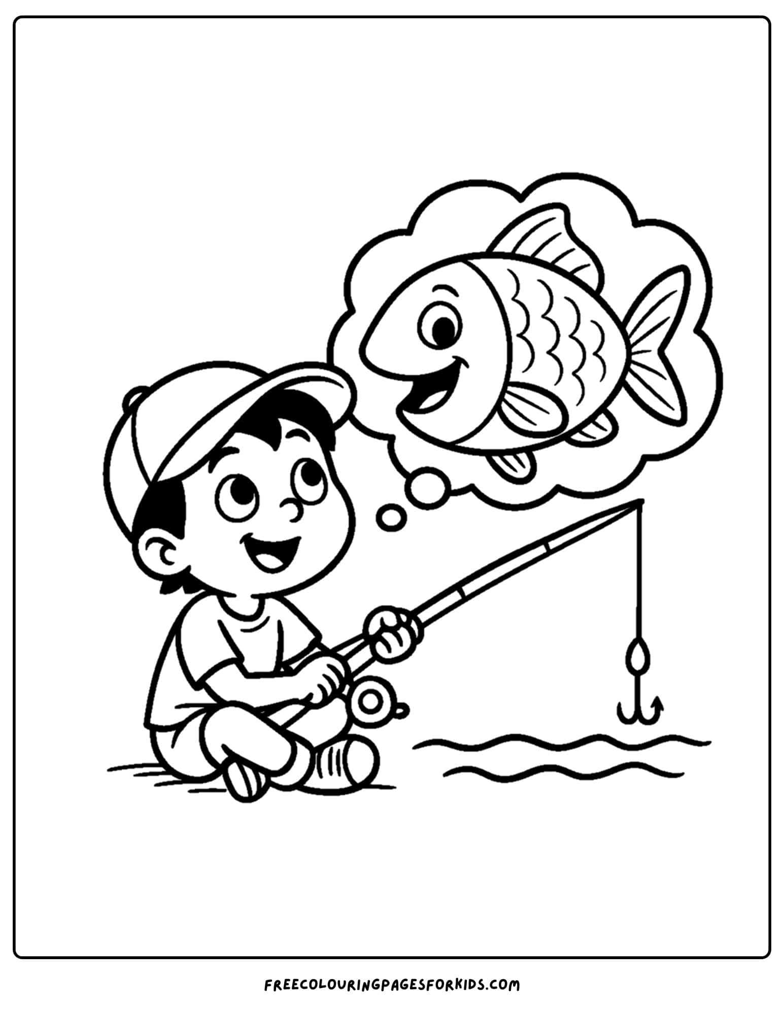 a fishing coloring page of a child dreaming of catching a fish