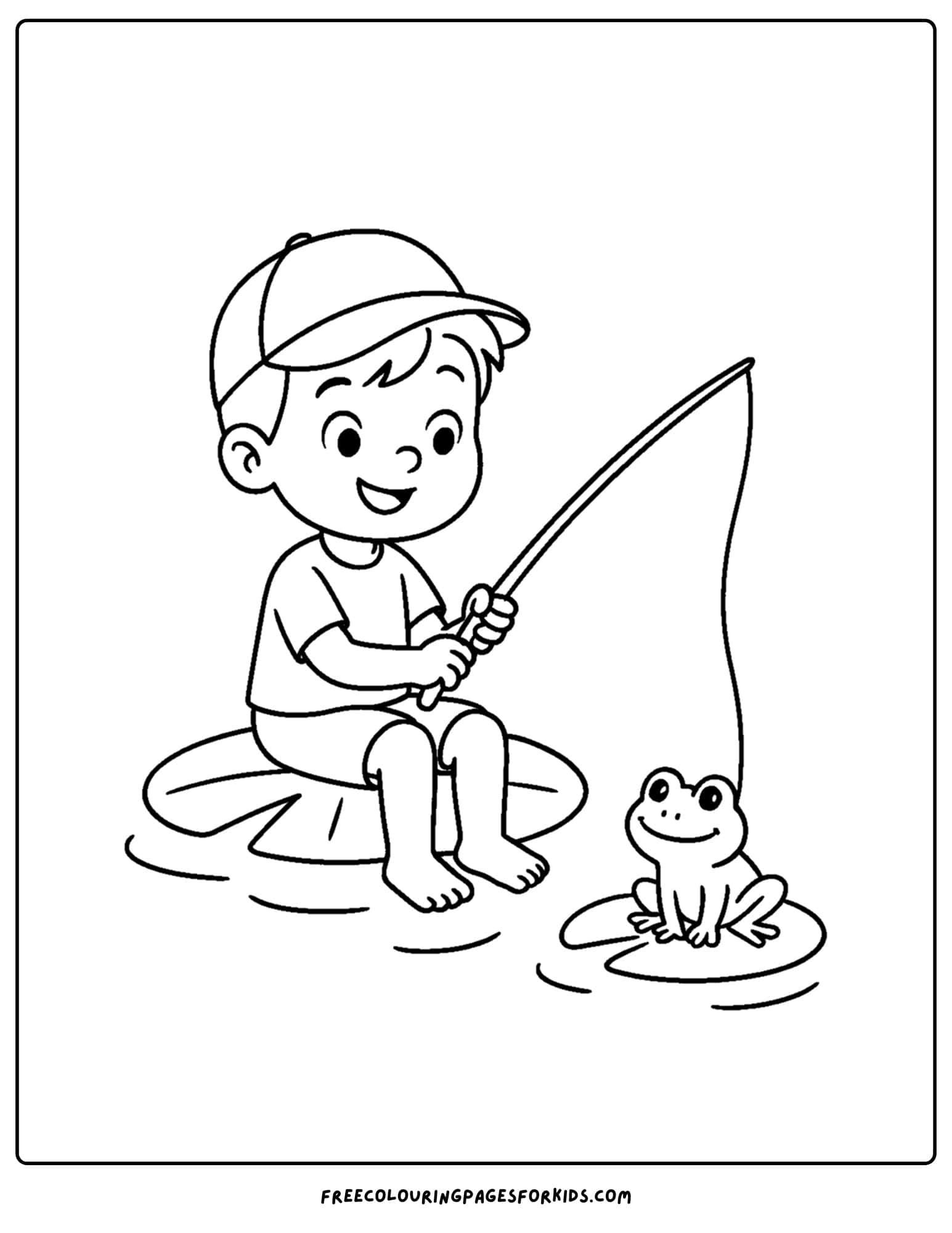 a fishing coloring page of a kid fishing and a frog watching on