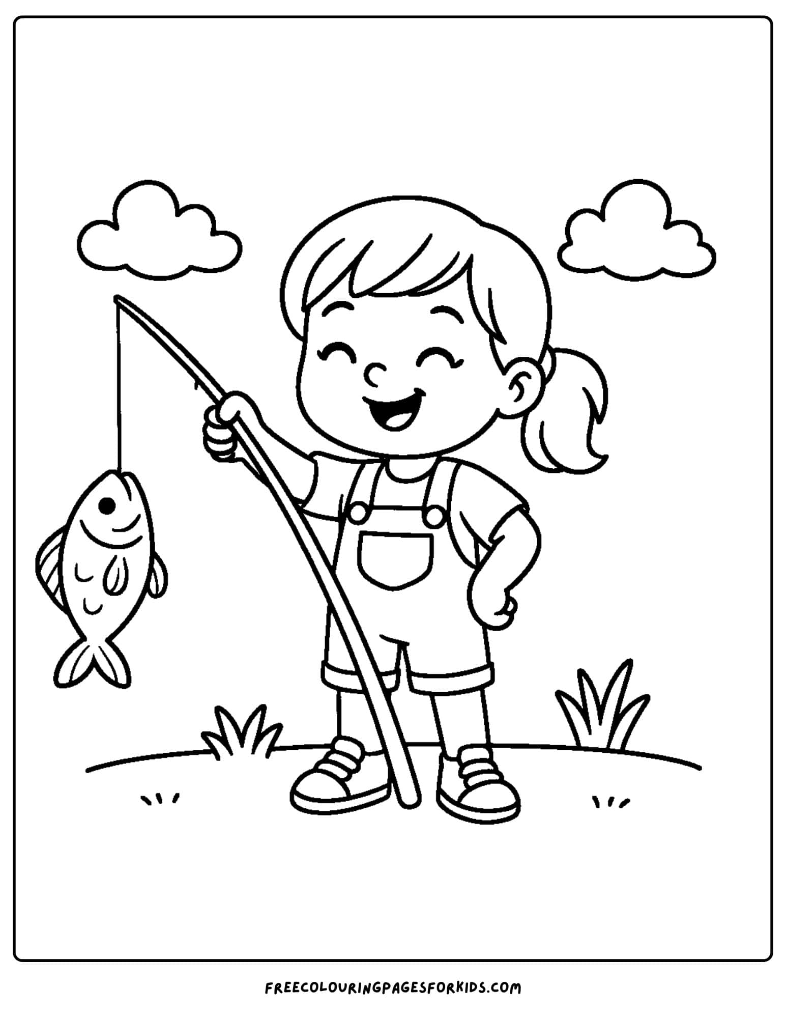 a fishing coloring page of a girl showing off the fish she caught
