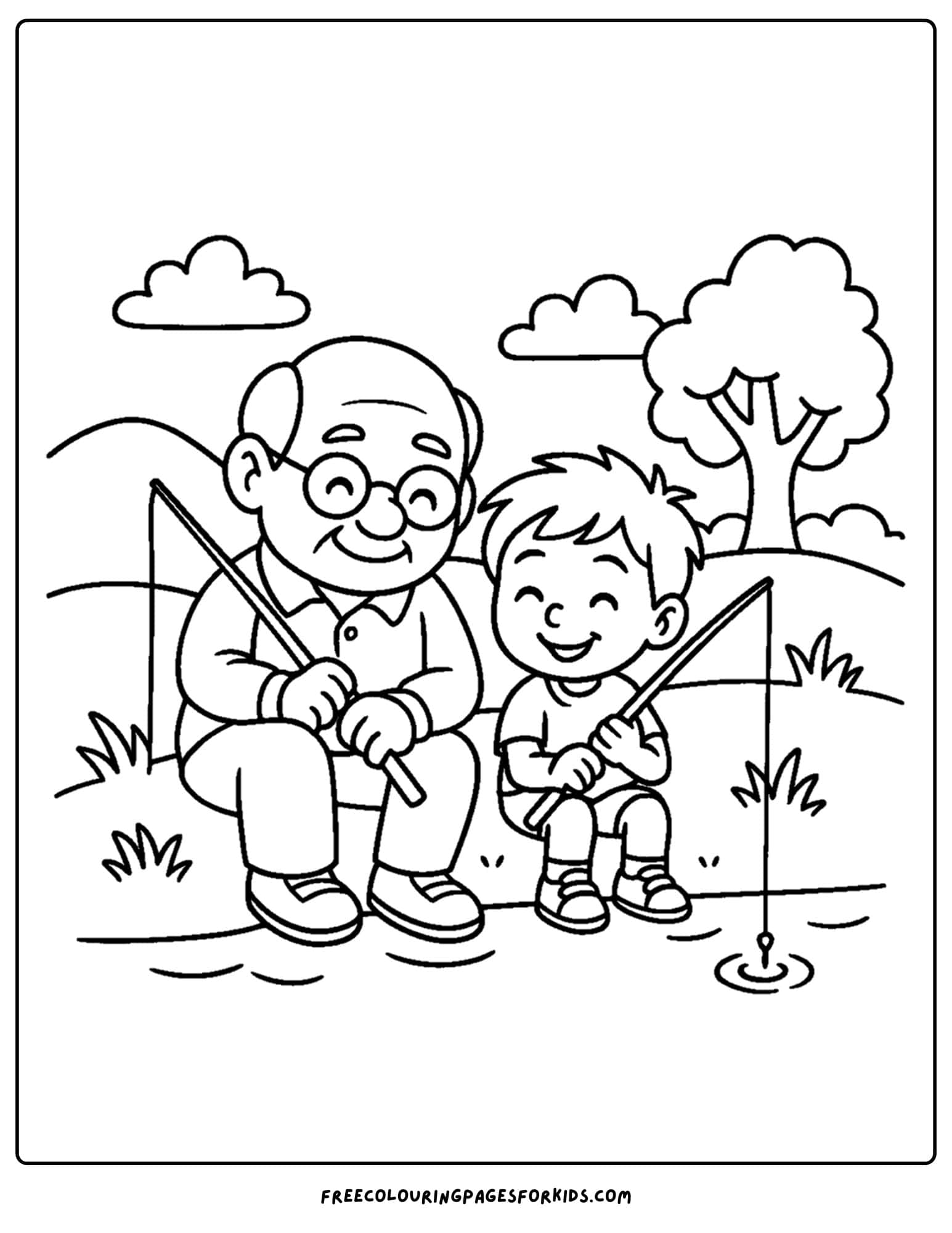 a fishing coloring page of a child fishing with their grandparent