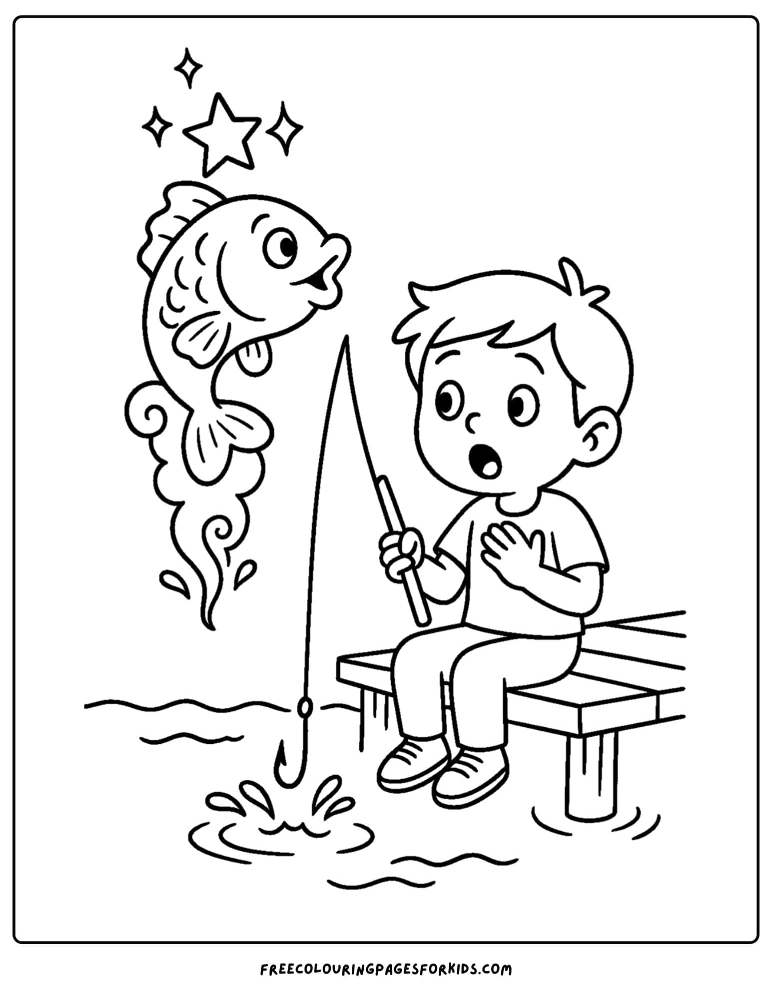 a fishing coloring page of fish jumping from the water in front of a child