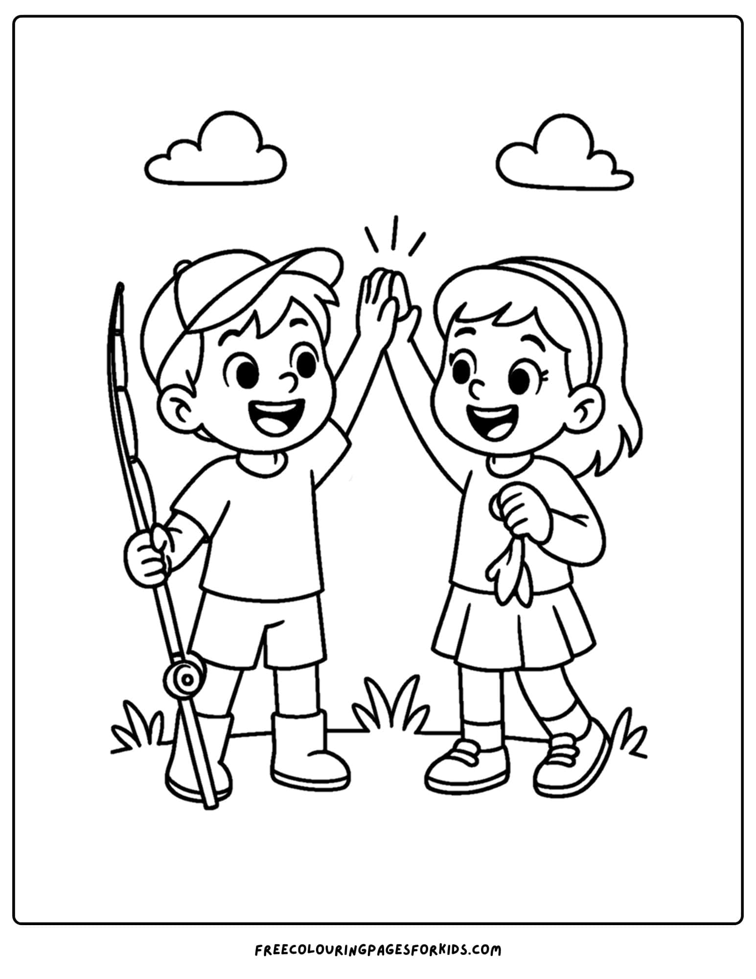 a fishing coloring page of kids celebrating a good day fishing