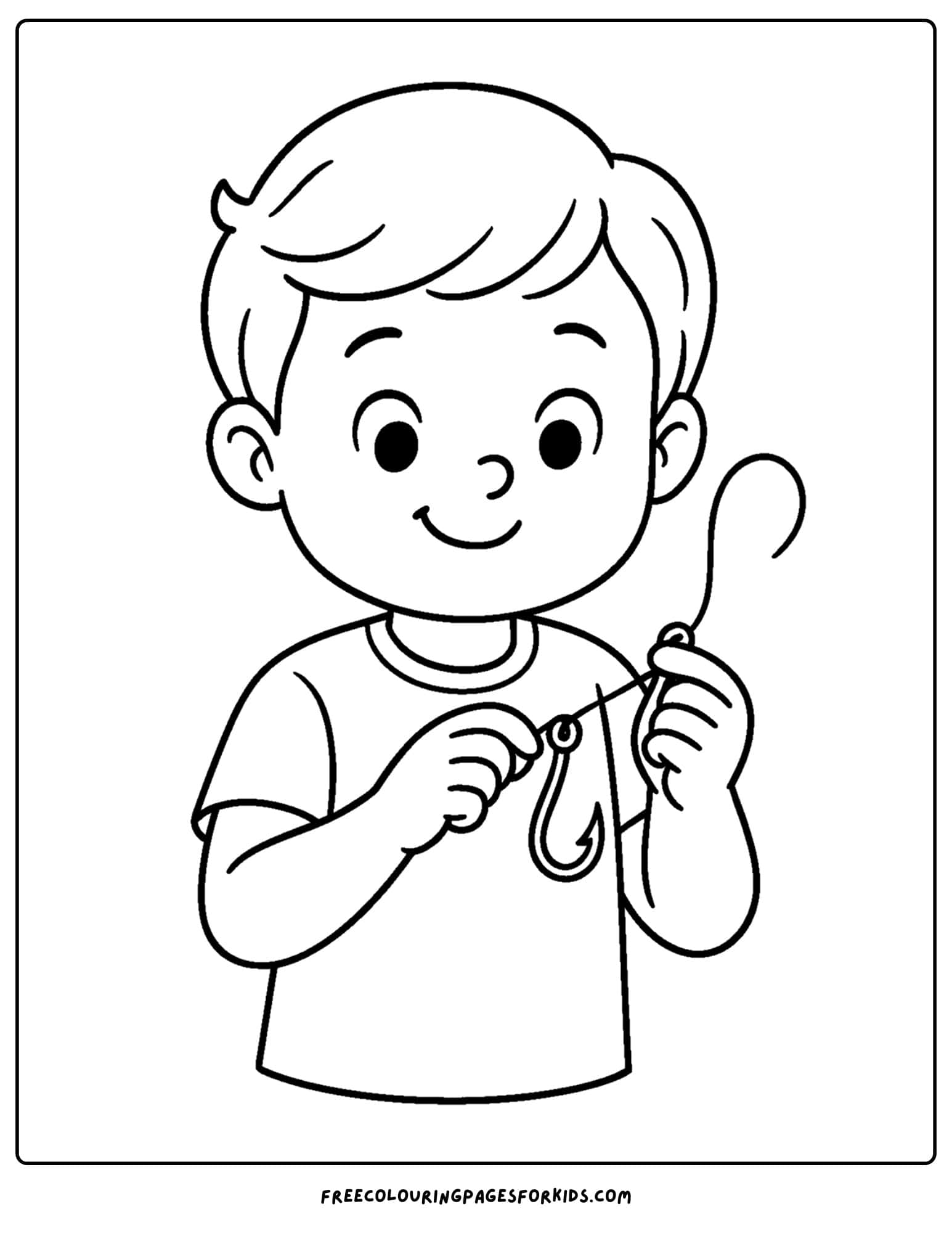 a fishing coloring page of kid learning to tie a fishing hook