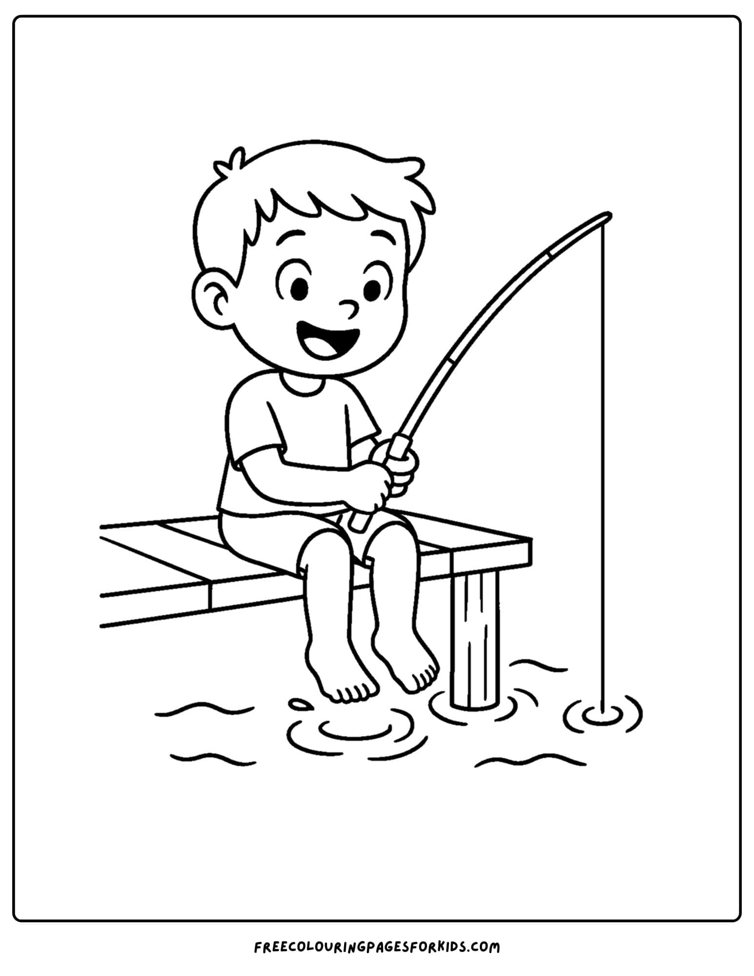 a fishing coloring page of a child fishing from a pier