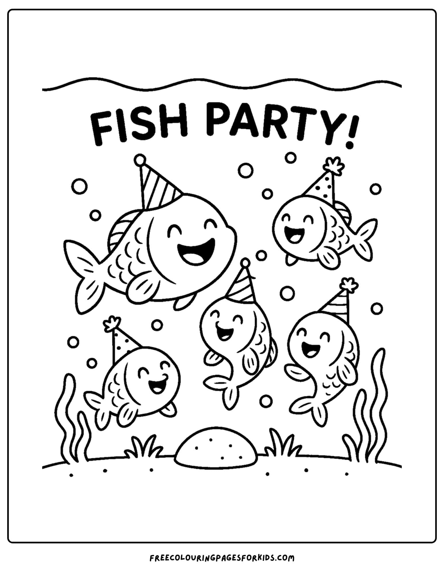 a fishing coloring page of a fish party