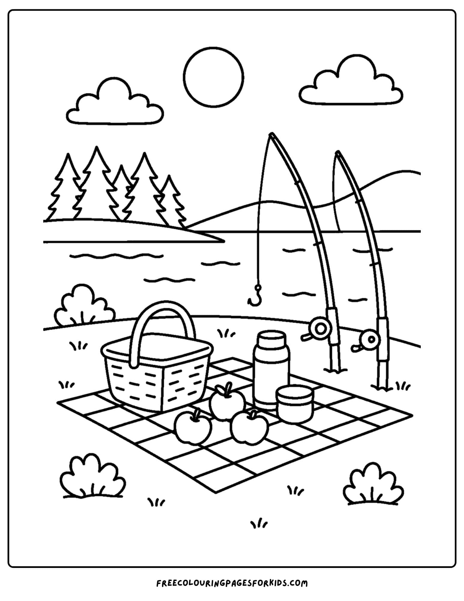 a fishing coloring page of a picnic fishing by the lake
