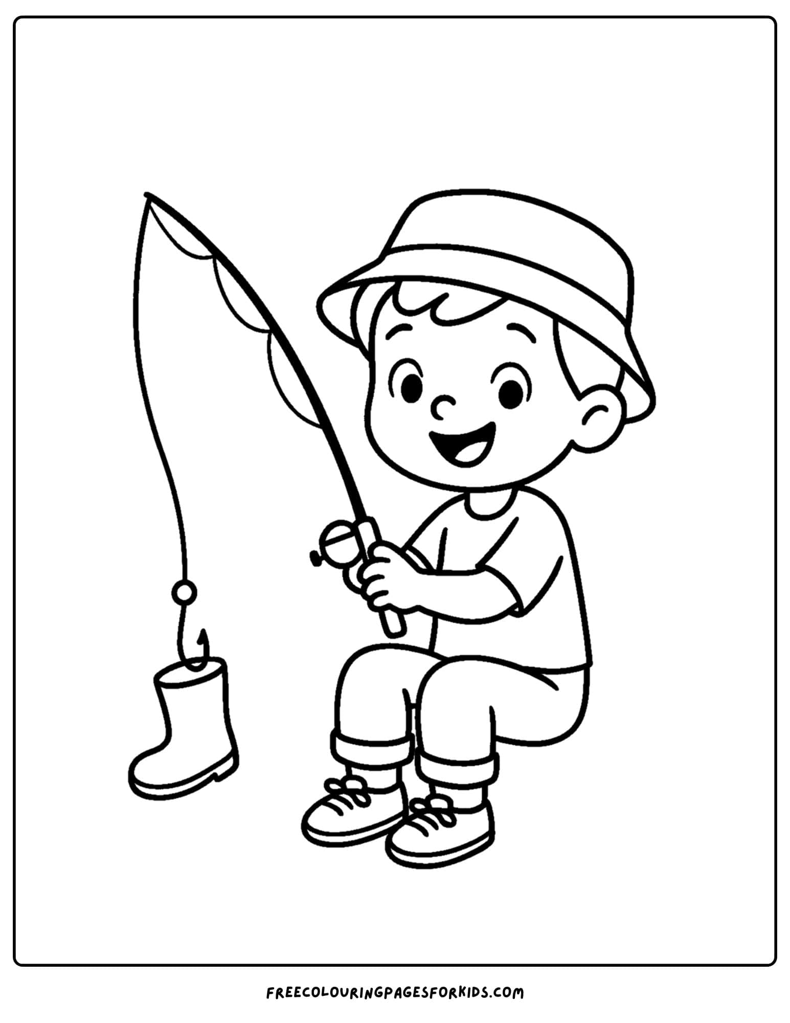 a fishing coloring page of a child reeling in a boot they caught