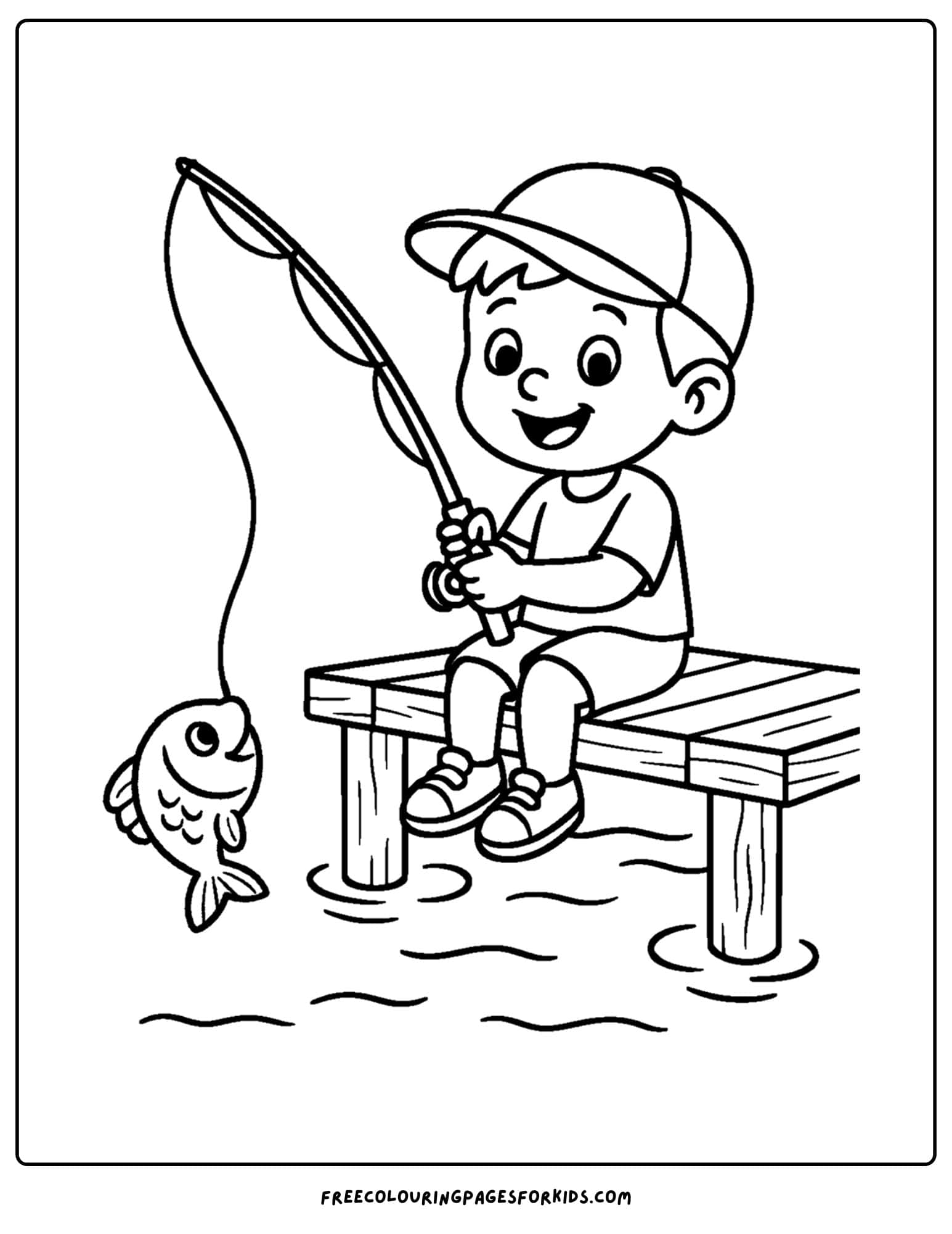 a fishing coloring page of a child fishing from a dock with a fish on the line