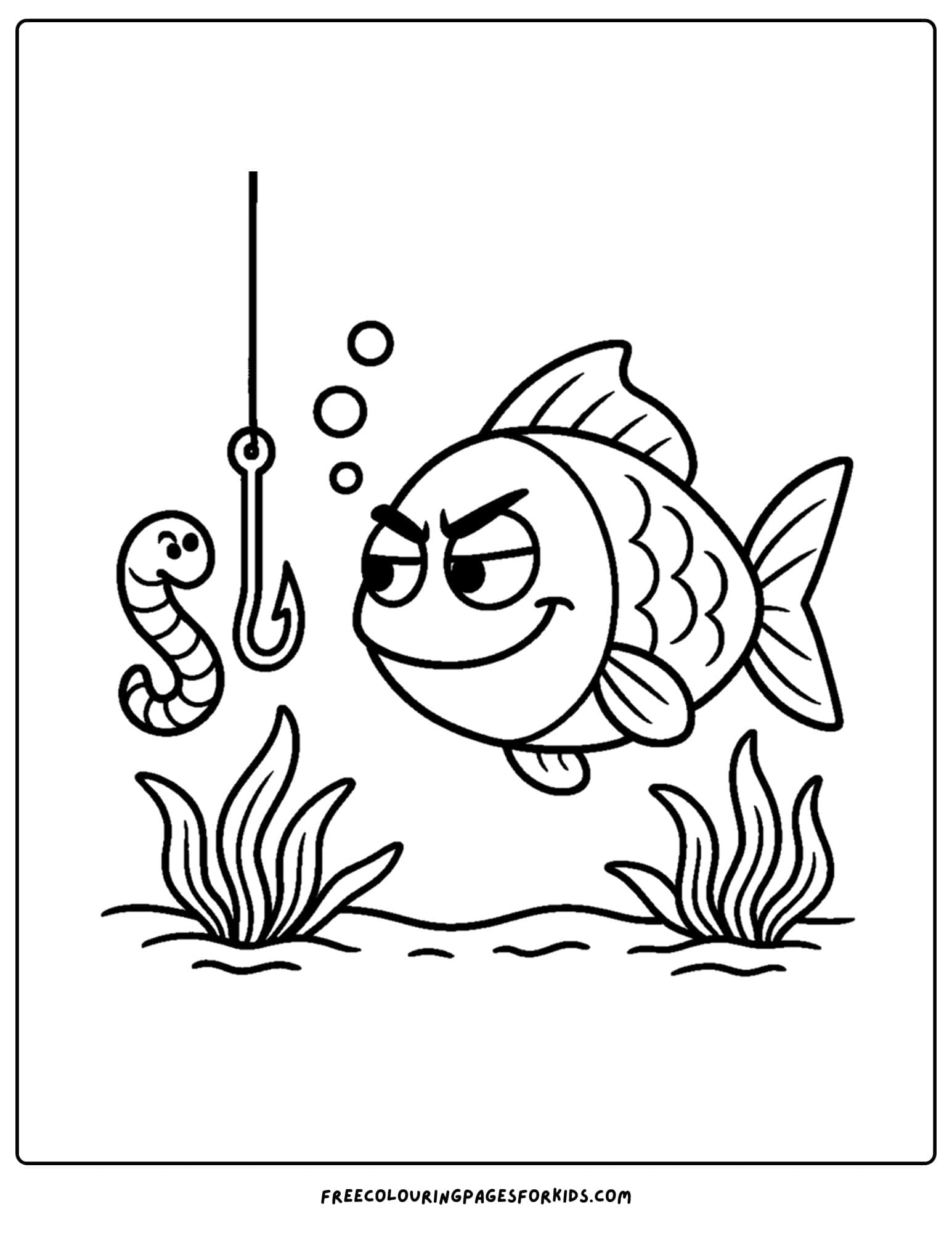 a fishing coloring page of a fish trying to steal the bait from the line