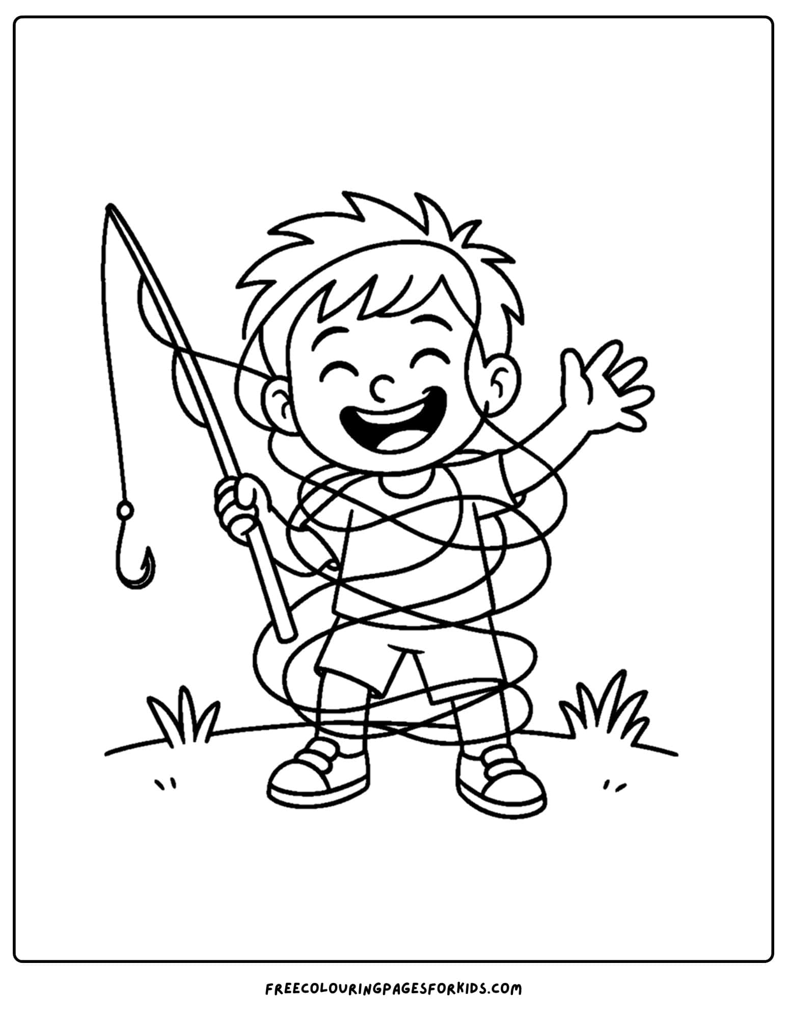 a fishing coloring page of a kid tangled in their fishing line