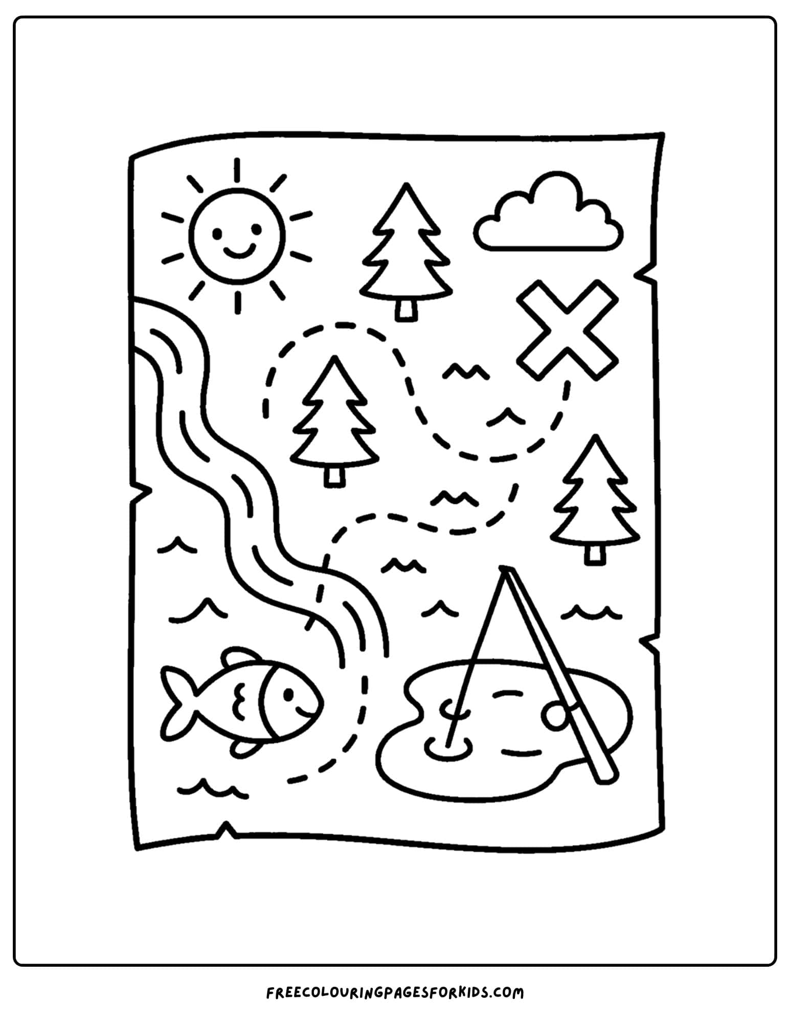 a fishing coloring page of a map leading to the secret fishing spot