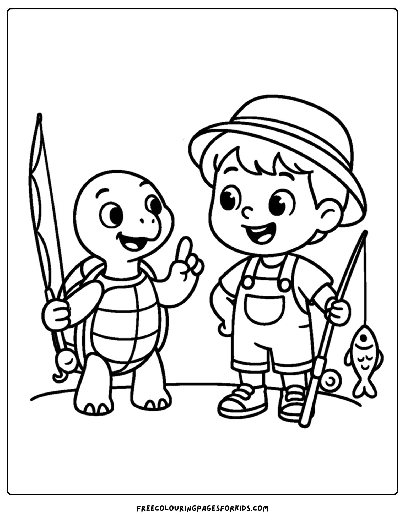 a fishing coloring page of a turtle and child going fishing