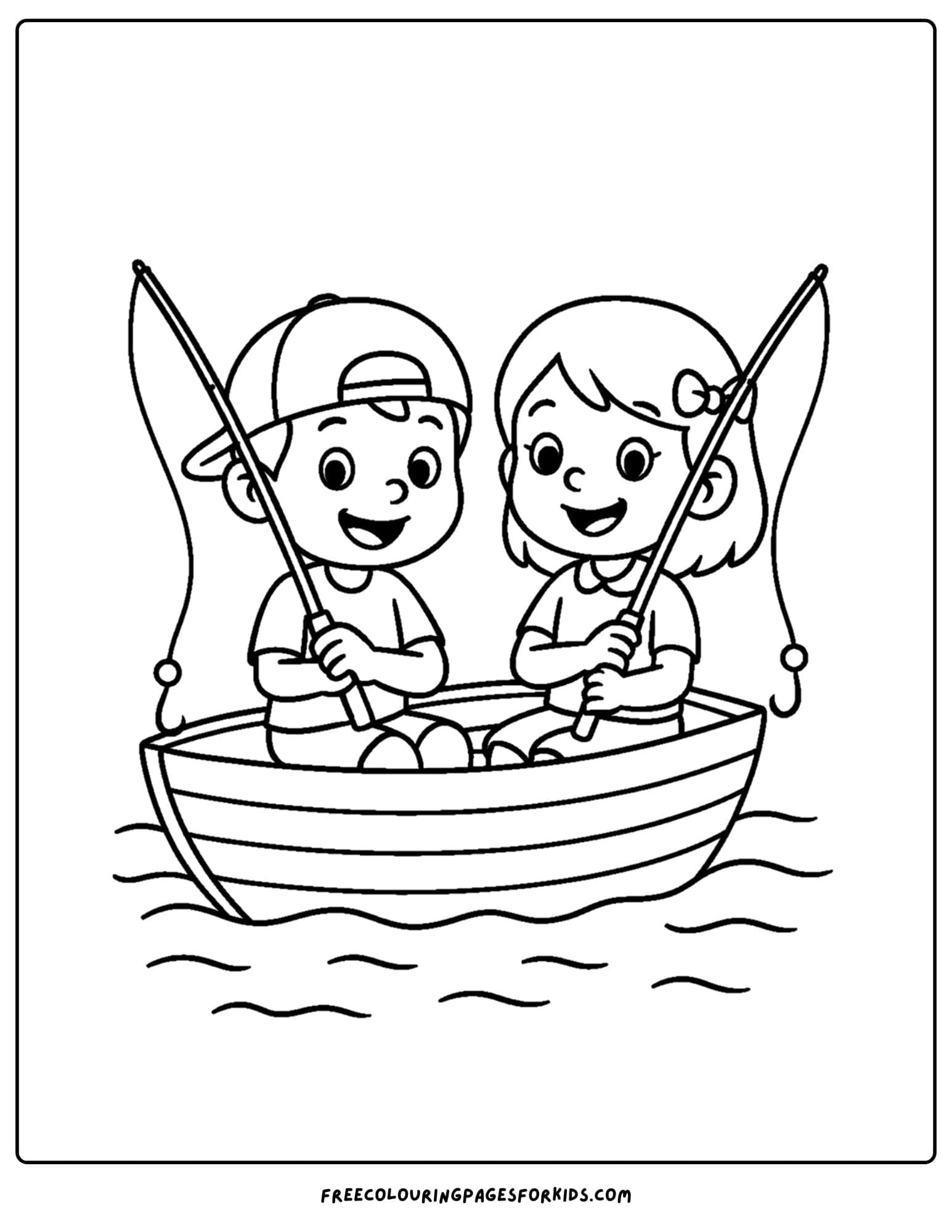 a fishing coloring page of two kids in a boat out fishing