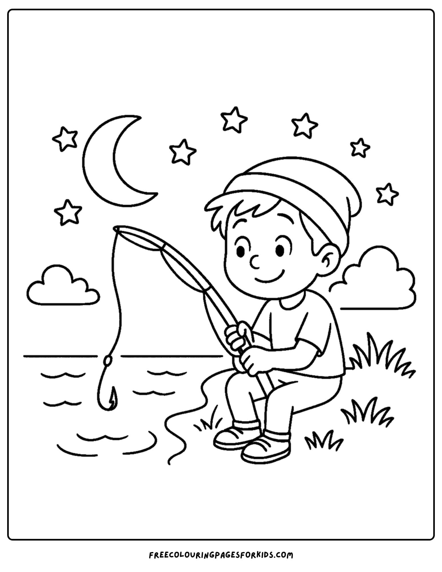 a fishing coloring page of a child fishing at night