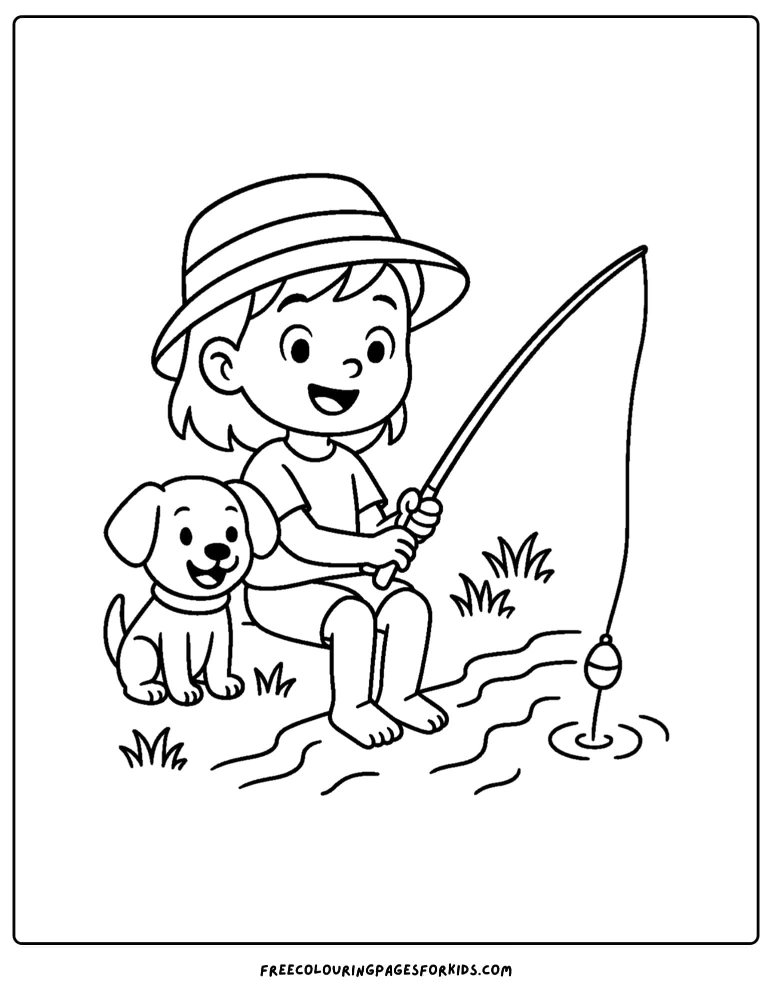 a fishing coloring page of a child fishing with their pet dog