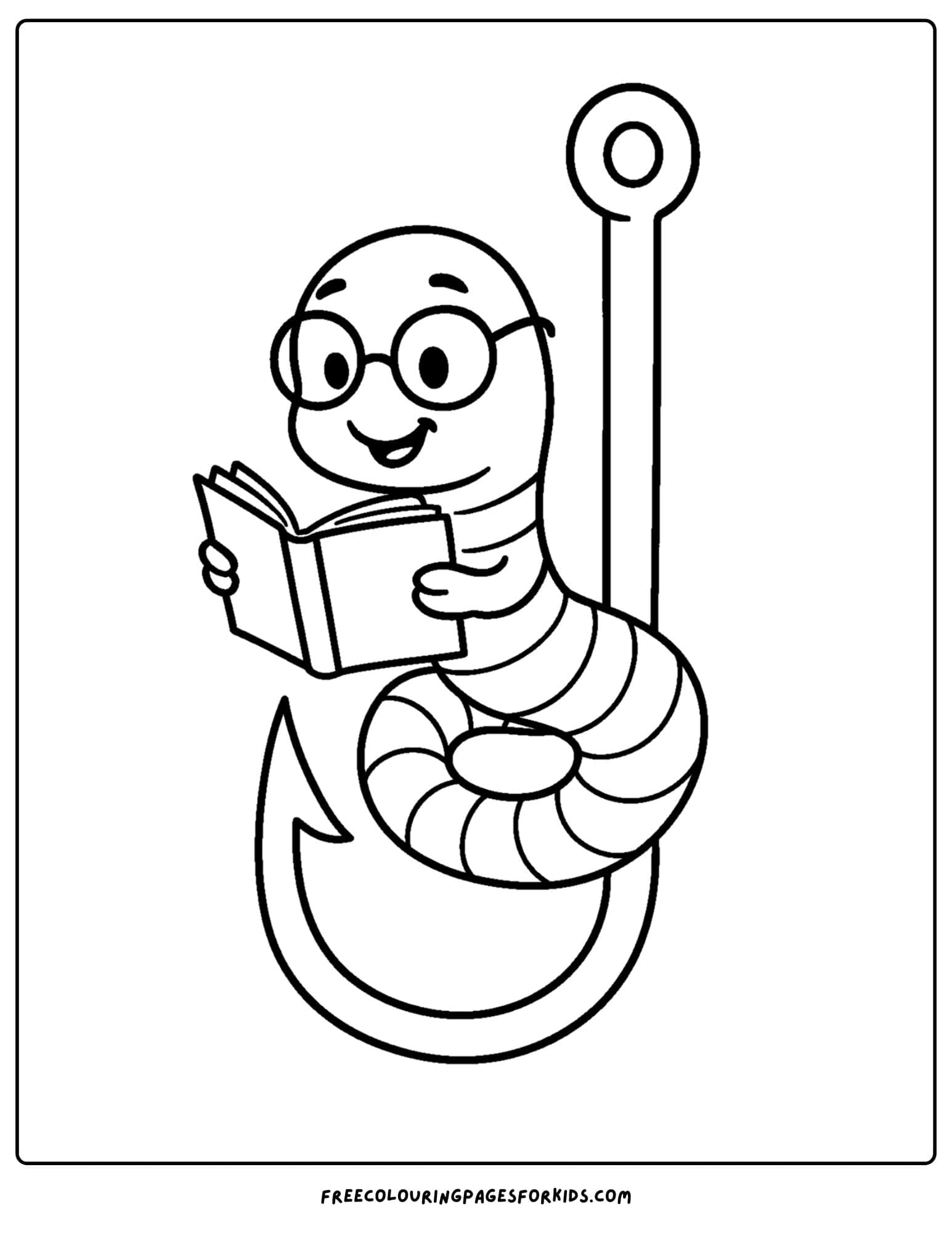 a fishing coloring page of a worm on a hook reading a book