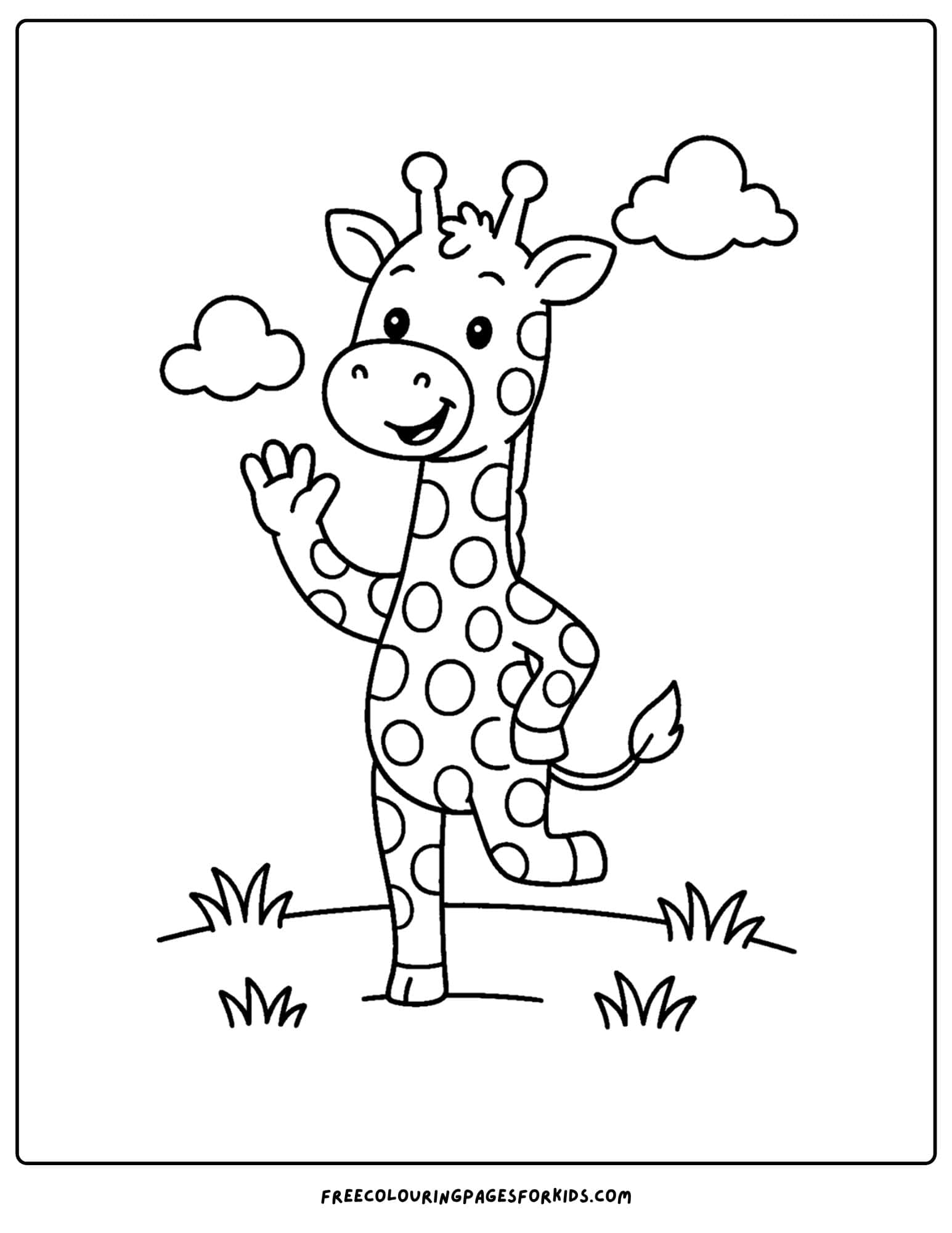 a coloring page featuring a giraffe standing on one leg