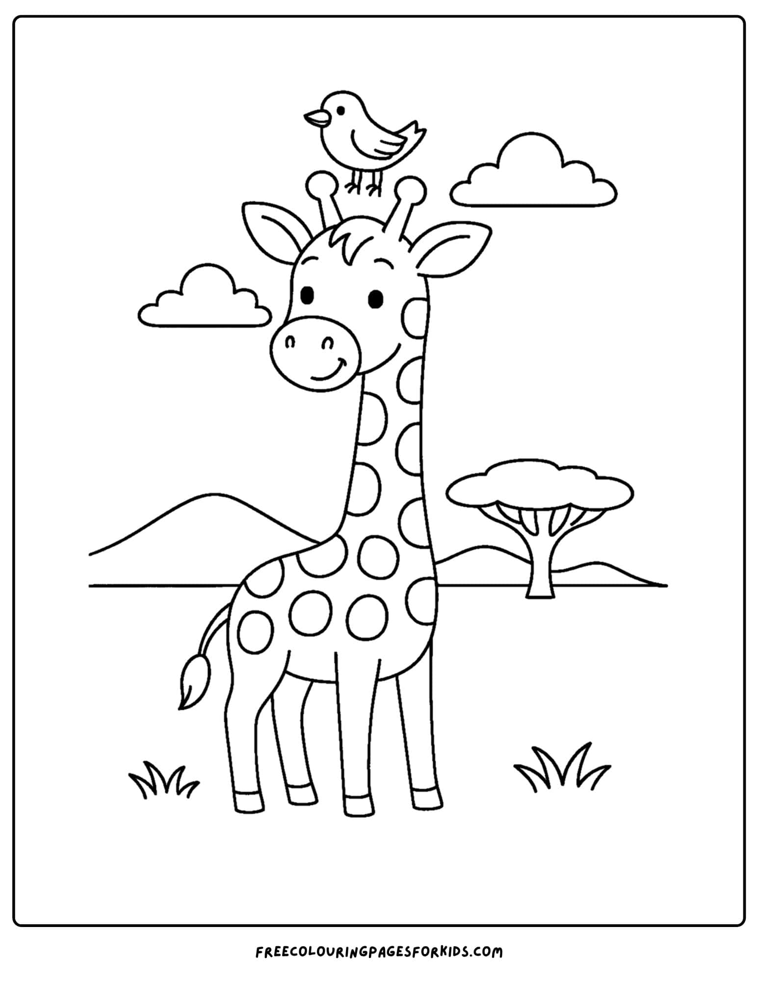 a coloring page featuring a giraffe standing with a bird on its head