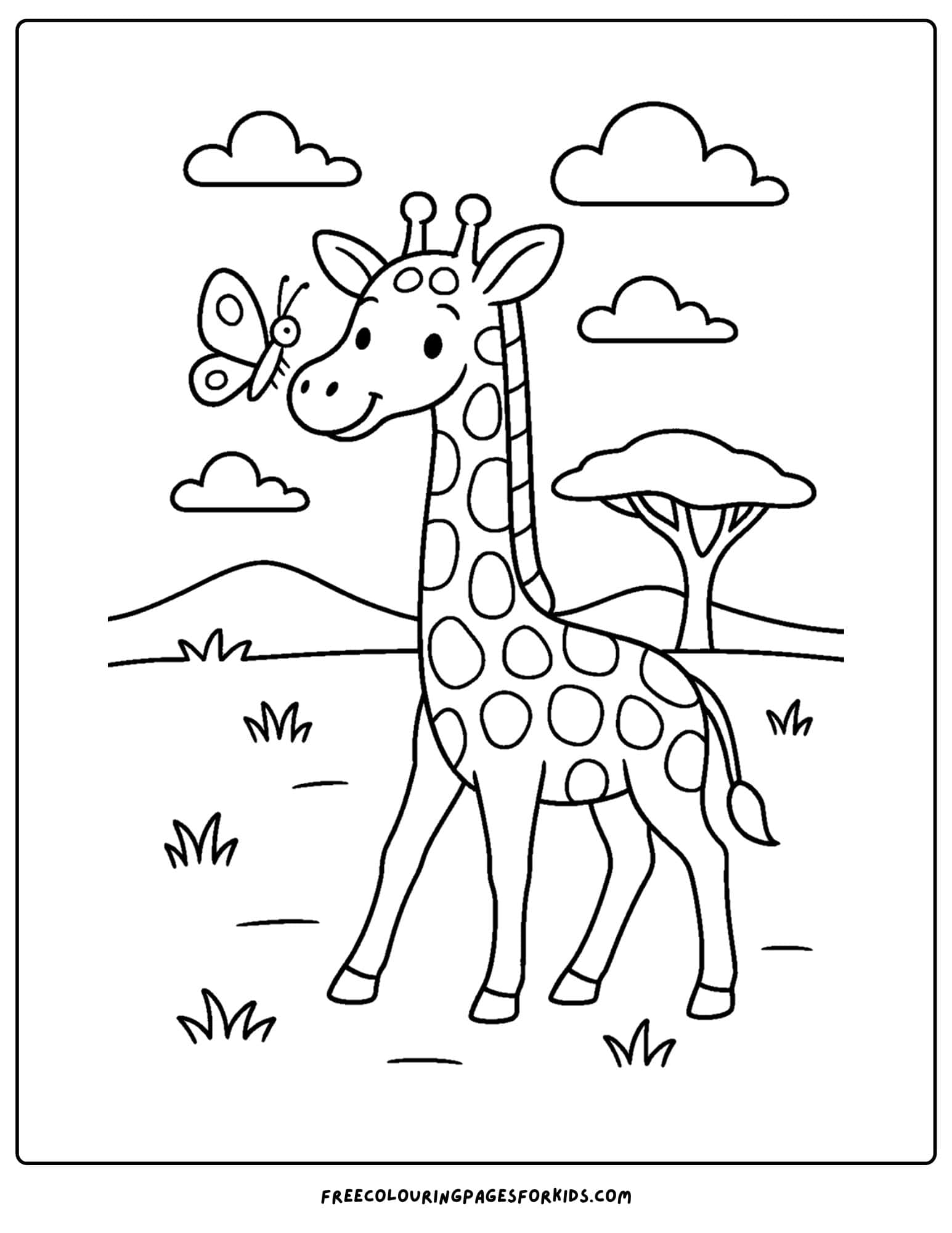 a coloring page featuring a giraffe with a butterfly on its nose