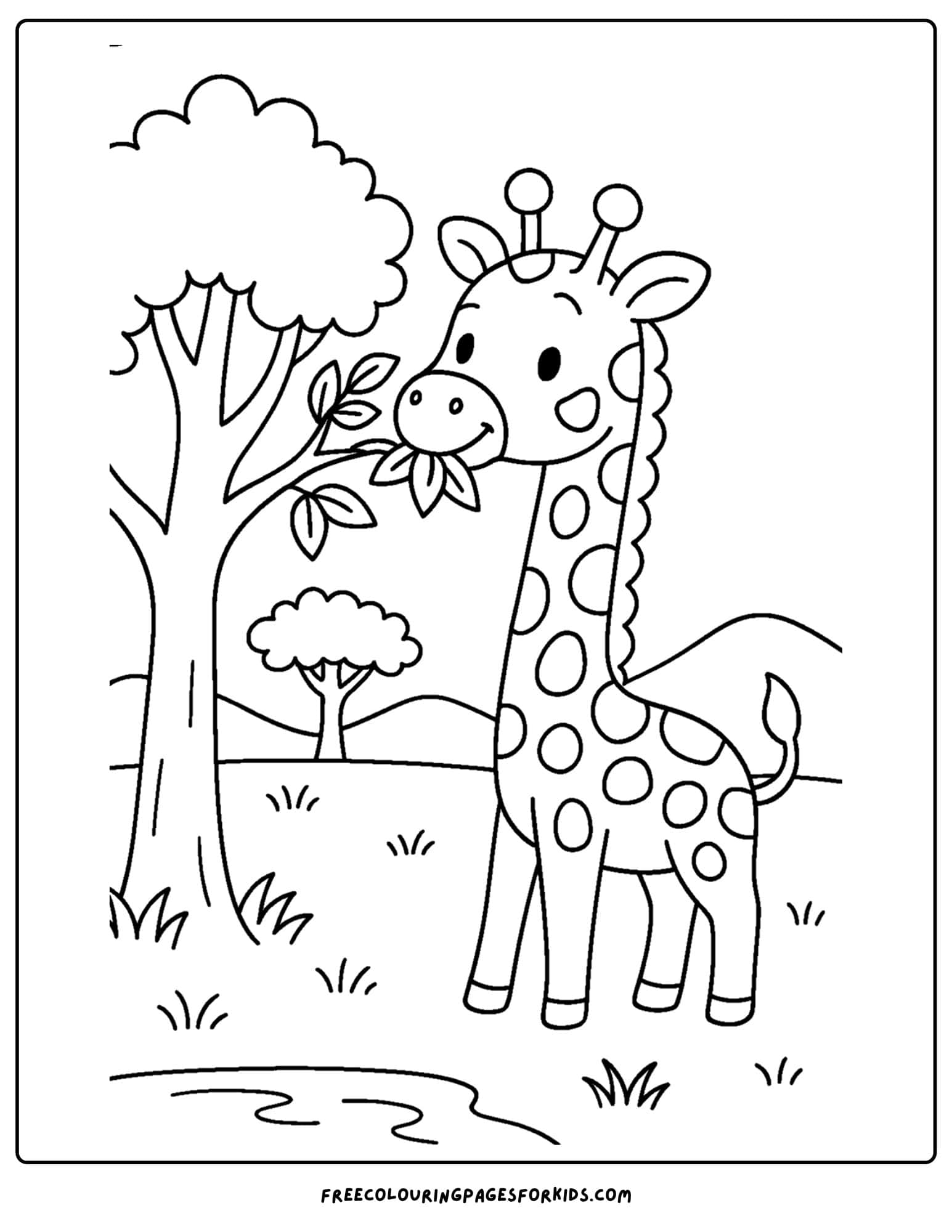 a coloring page featuring a giraffe eating leaves from a tree