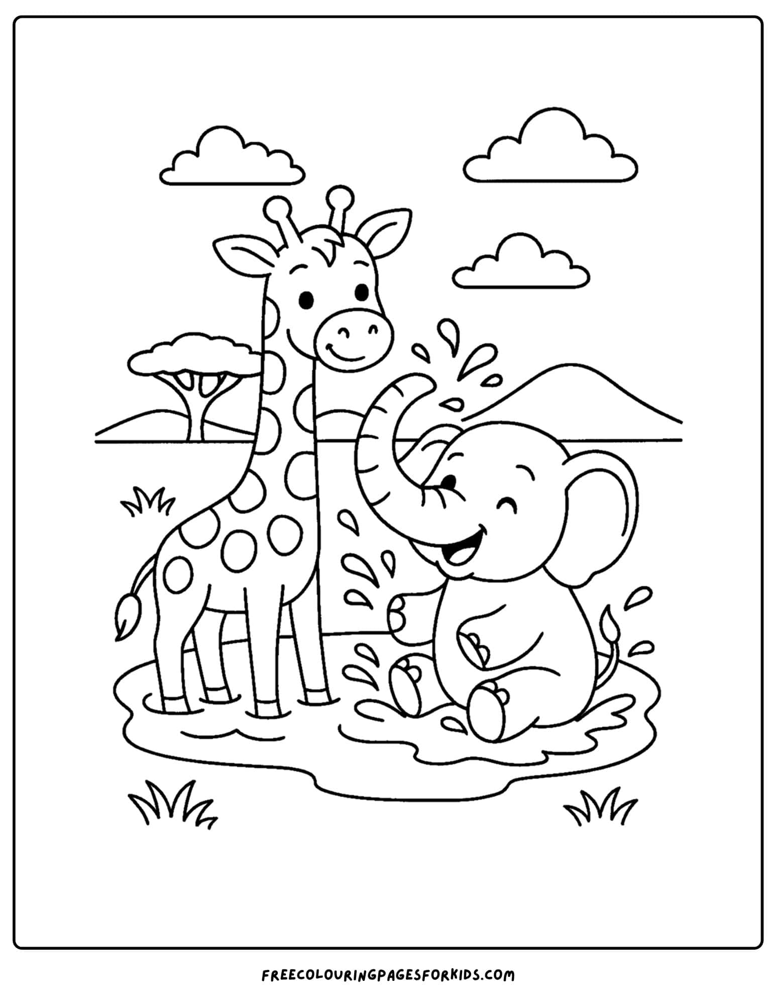 a coloring page featuring a giraffe splashing water with an elephant