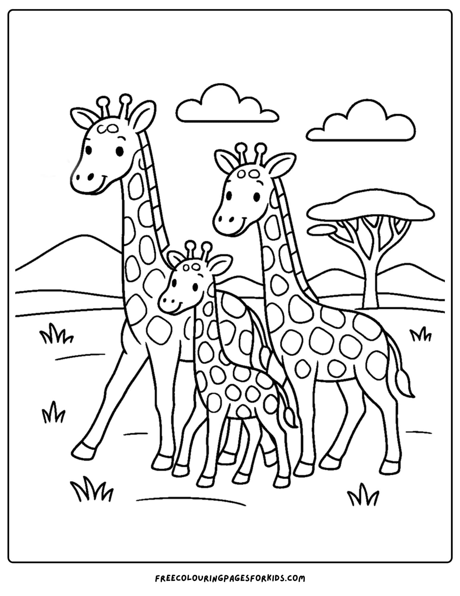 a coloring page featuring a giraffe family together
