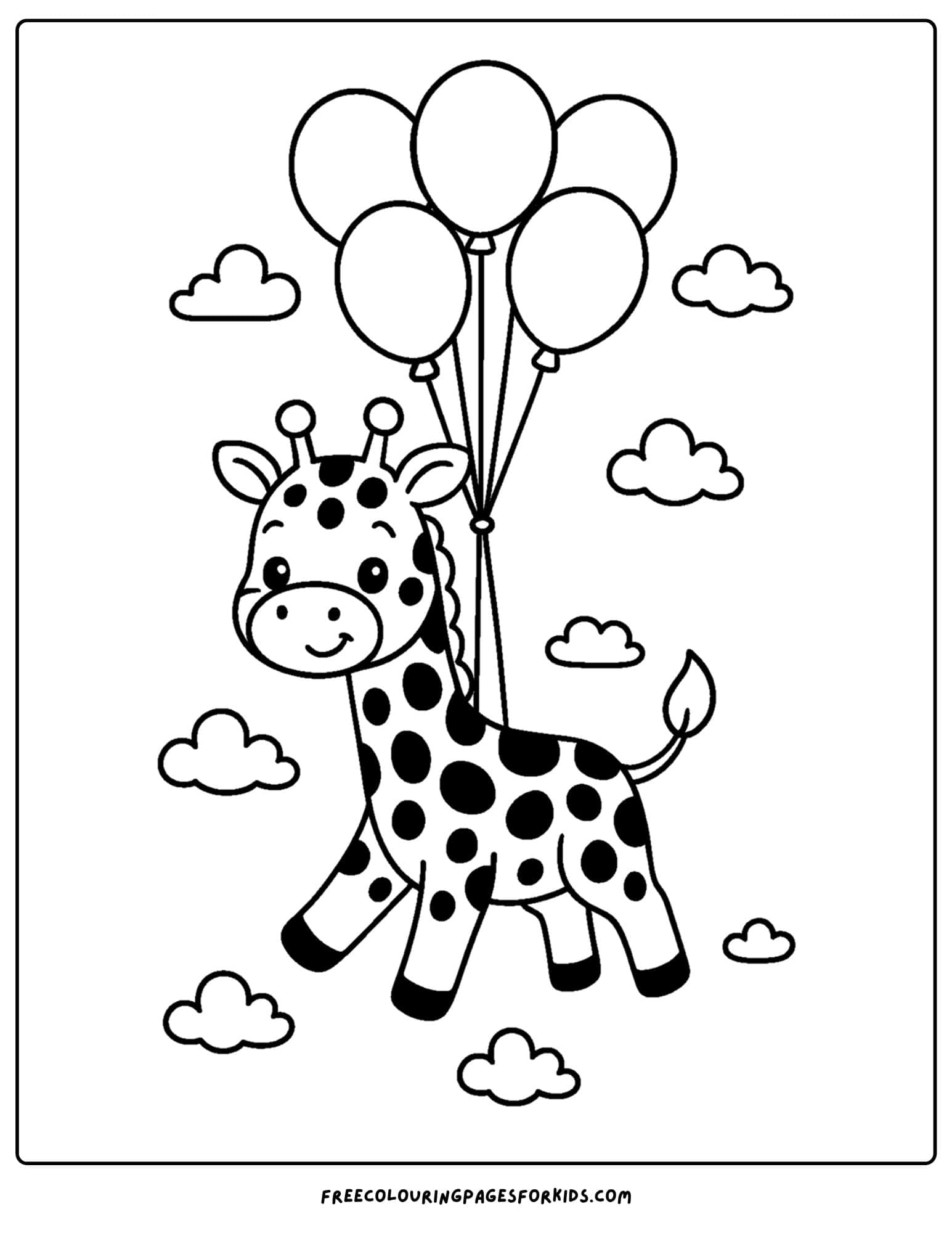 a coloring page featuring a giraffe floating in the sky with balloons
