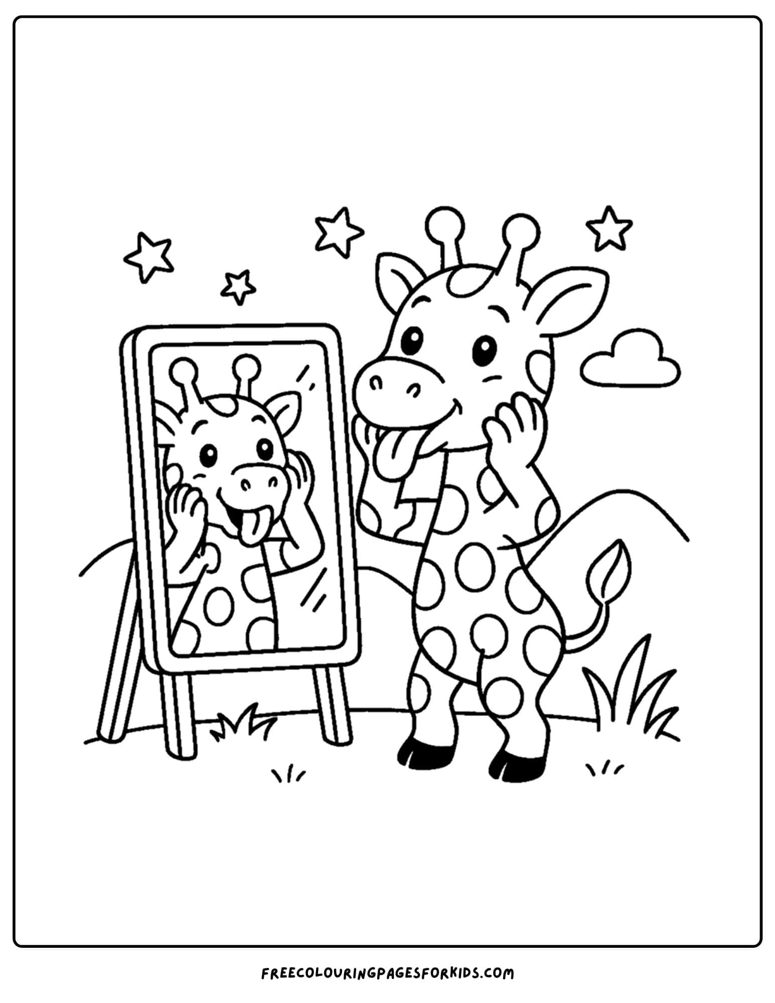 a coloring page featuring a giraffe making funny faces in a mirror