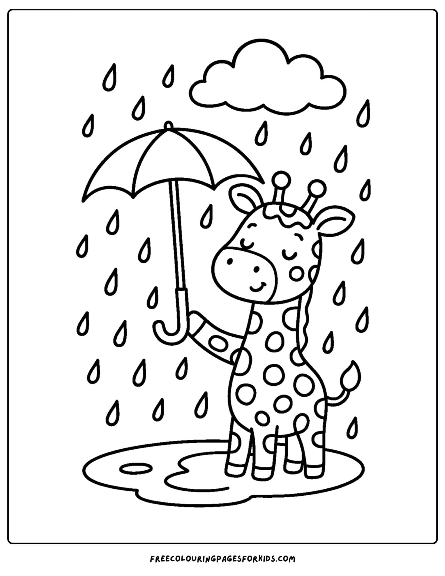 a coloring page featuring a giraffe holding an umbrella in the rain