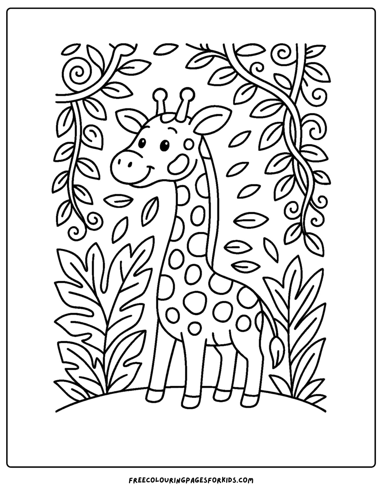 a coloring page featuring a giraffe surrounded by vines