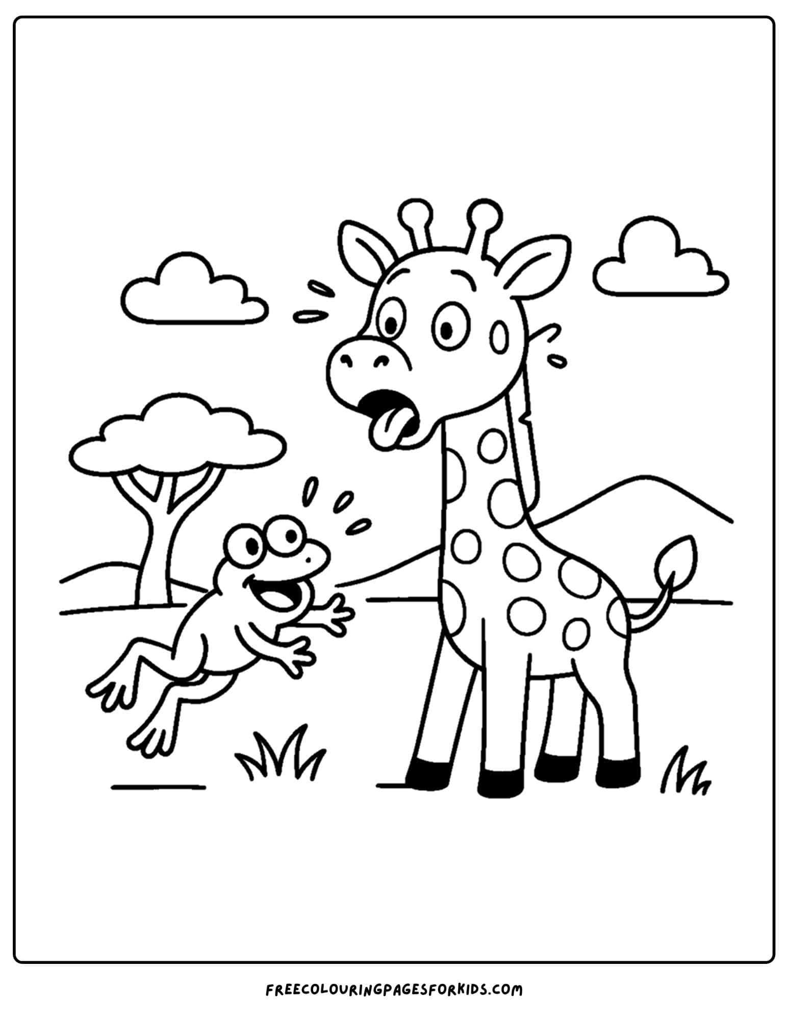 a coloring page featuring a giraffe getting scared by a frog