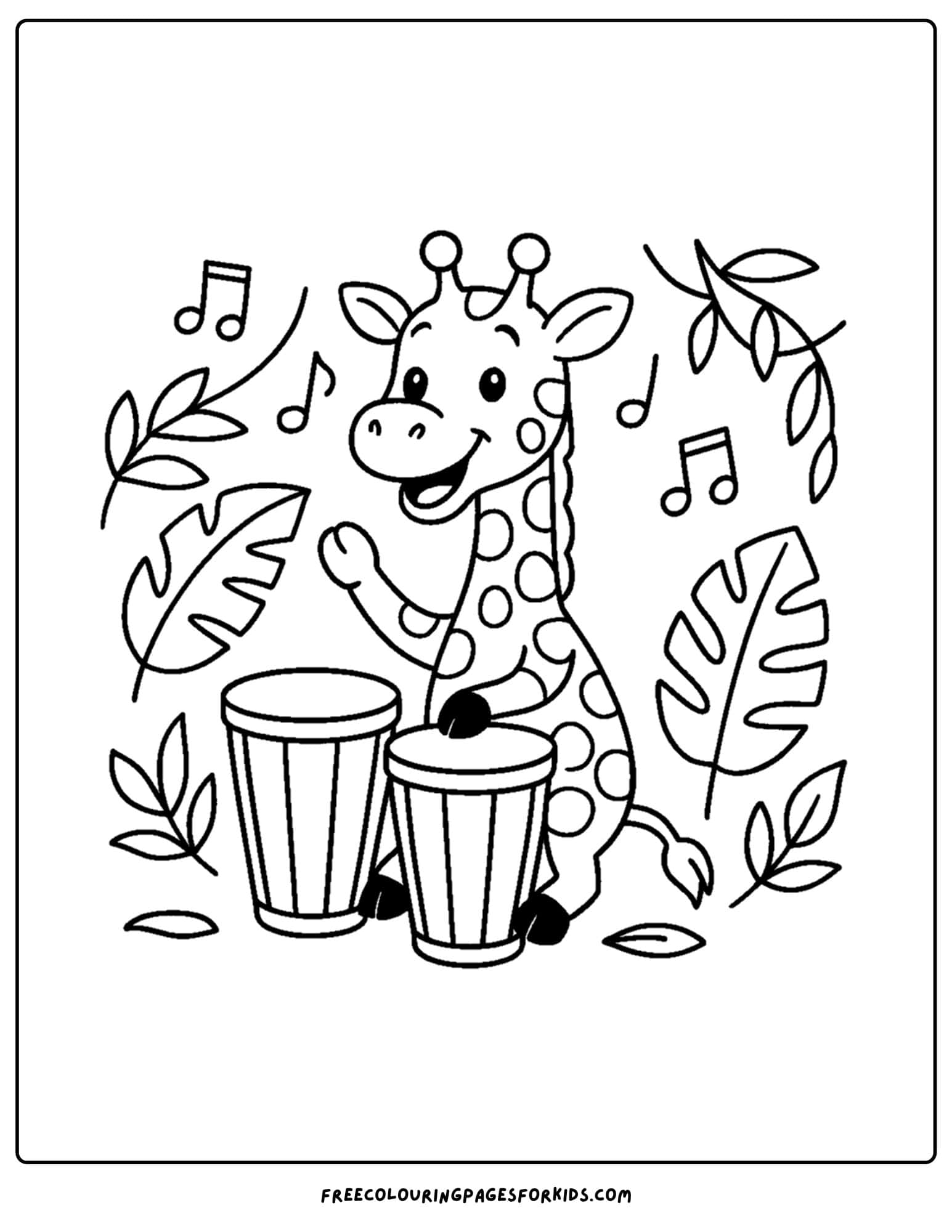 a coloring page featuring a giraffe playing the jungle drums