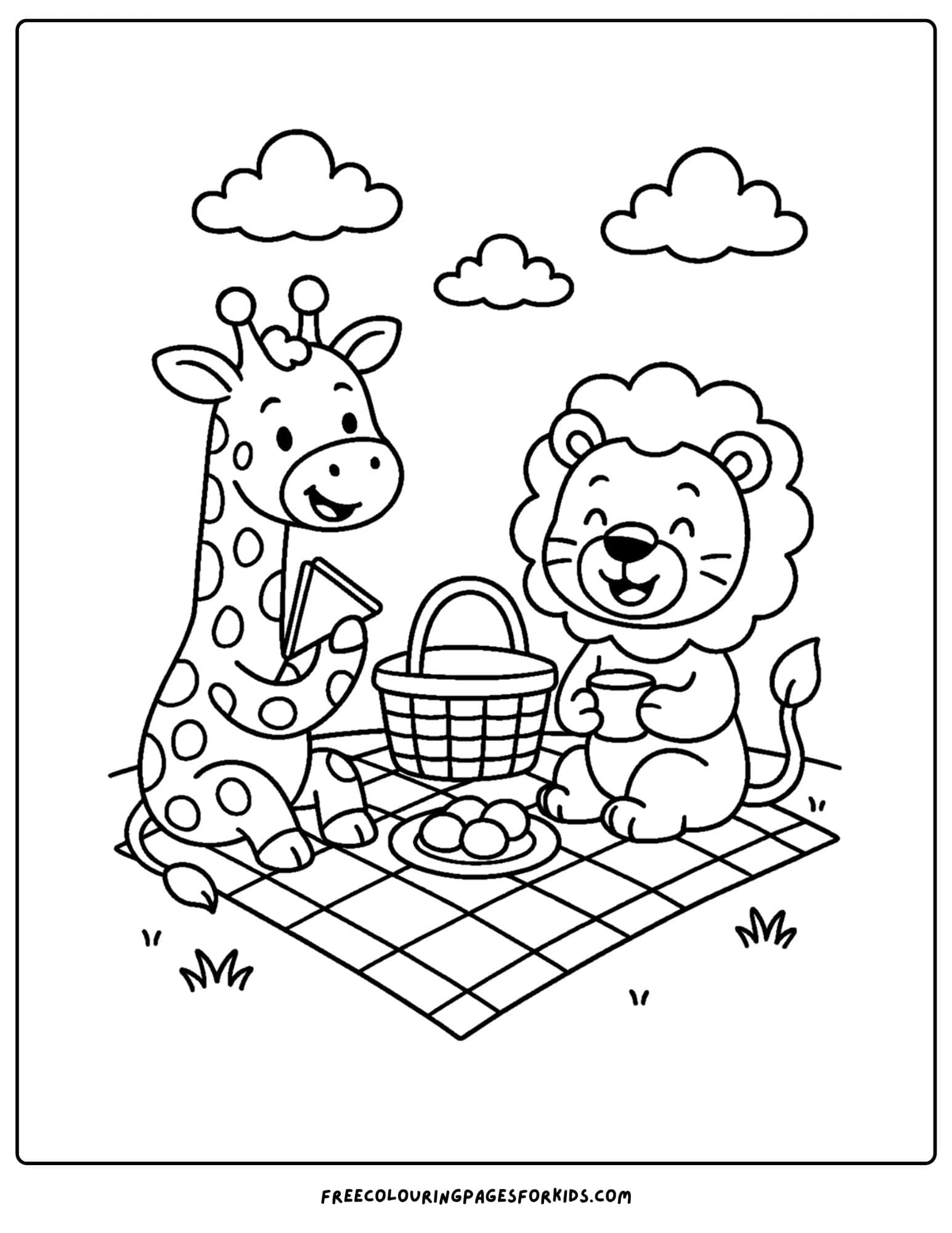 a coloring page featuring a giraffe having a picnic with a lion