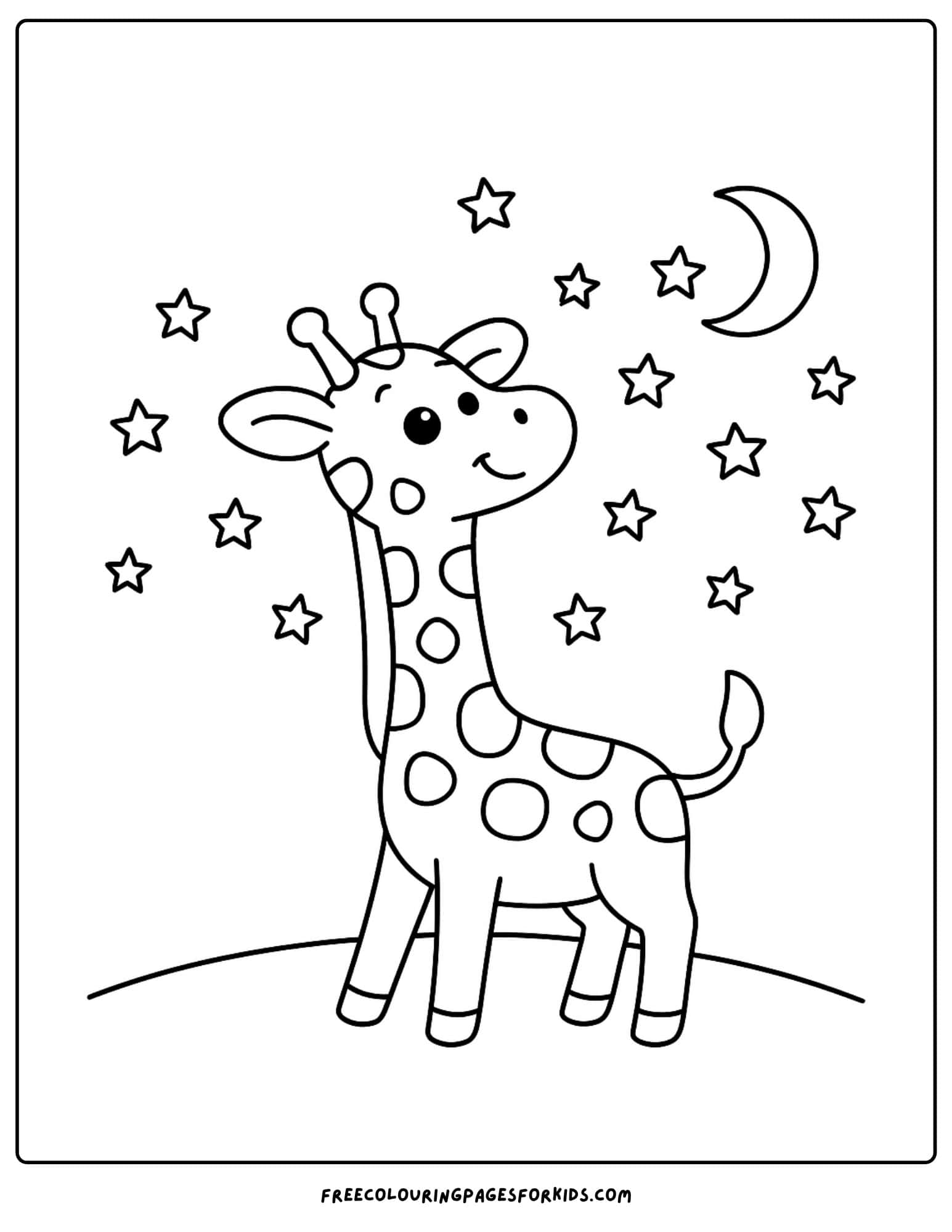 a coloring page featuring a giraffe looking at the moon and stars