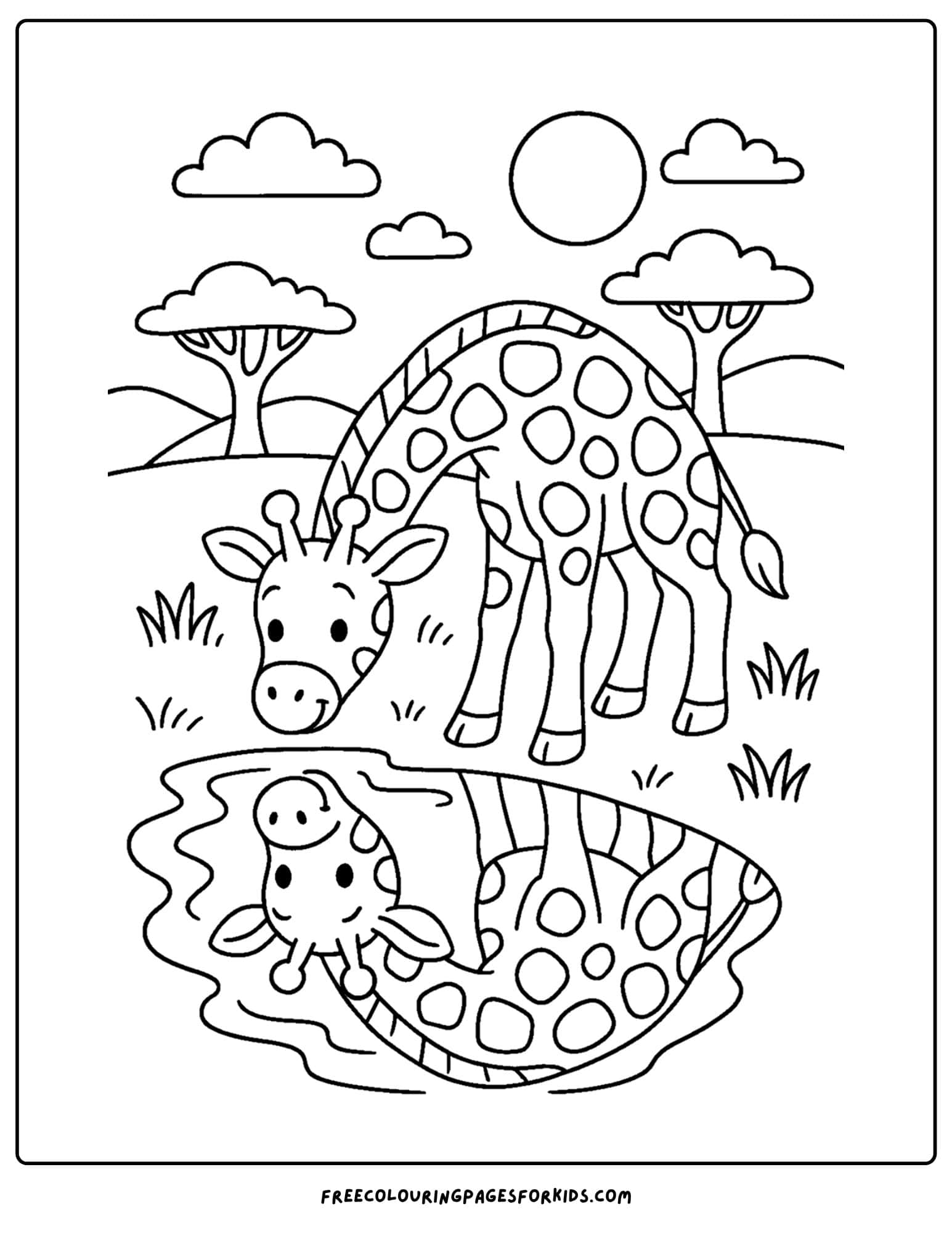 a coloring page featuring a giraffe looking at its reflection in a pond
