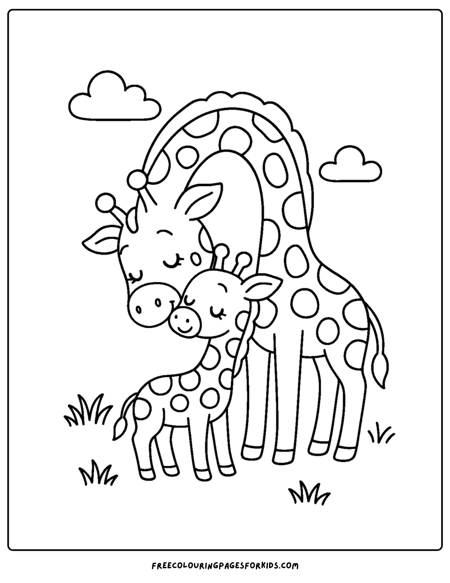 a coloring page featuring a giraffe and its baby
