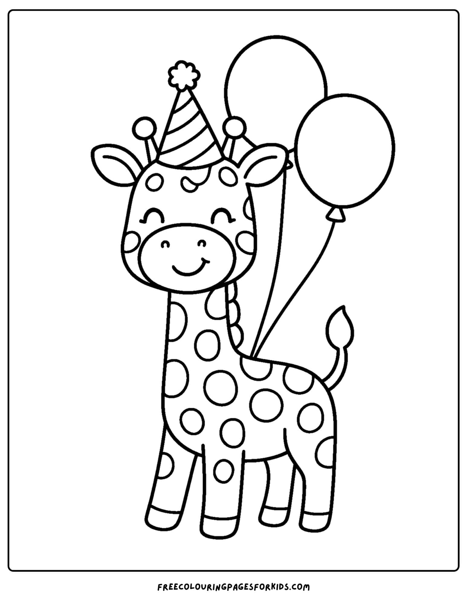 a coloring page featuring a giraffe wearing a party hat