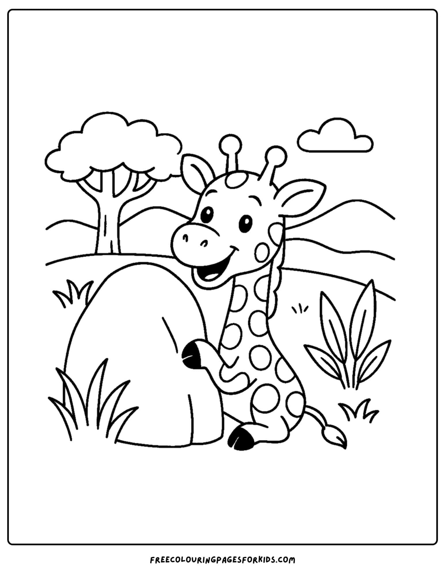 a coloring page featuring a giraffe hiding behind a rock