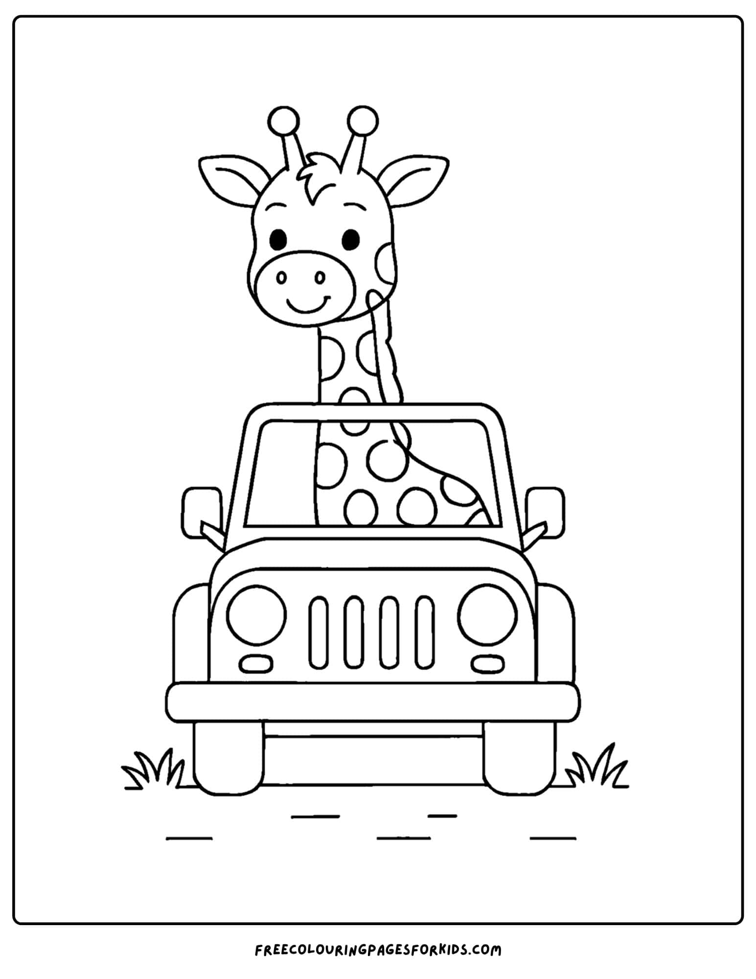 a coloring page featuring a giraffe riding in a jeep