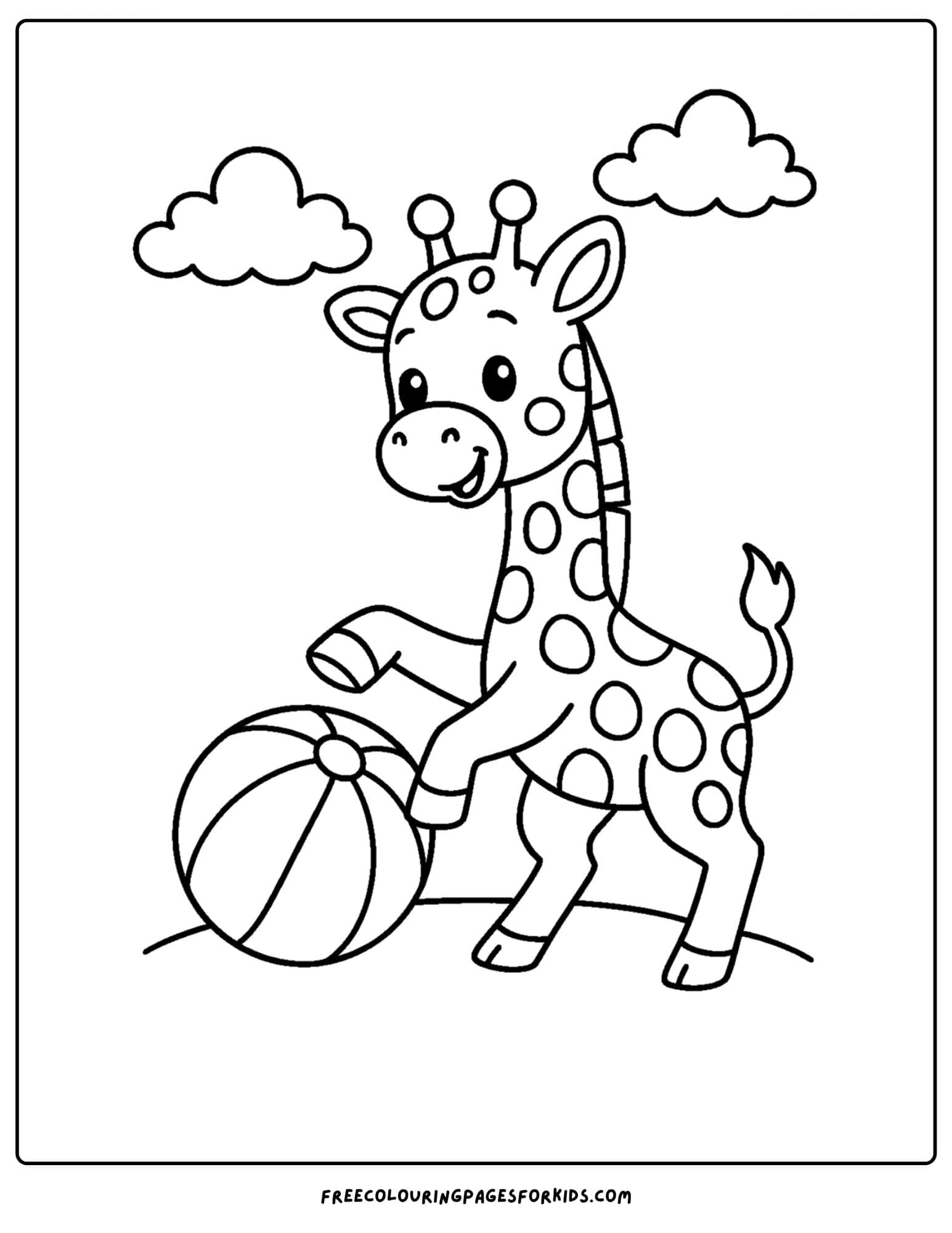 a coloring page featuring a giraffe playing with a beach ball