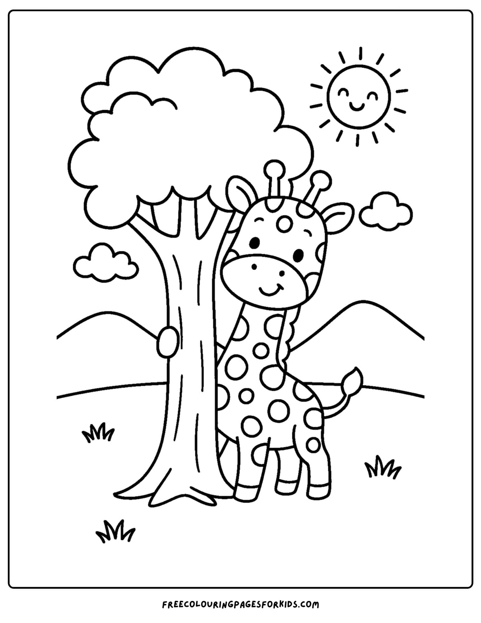 a coloring page featuring a giraffe playing hide and seek