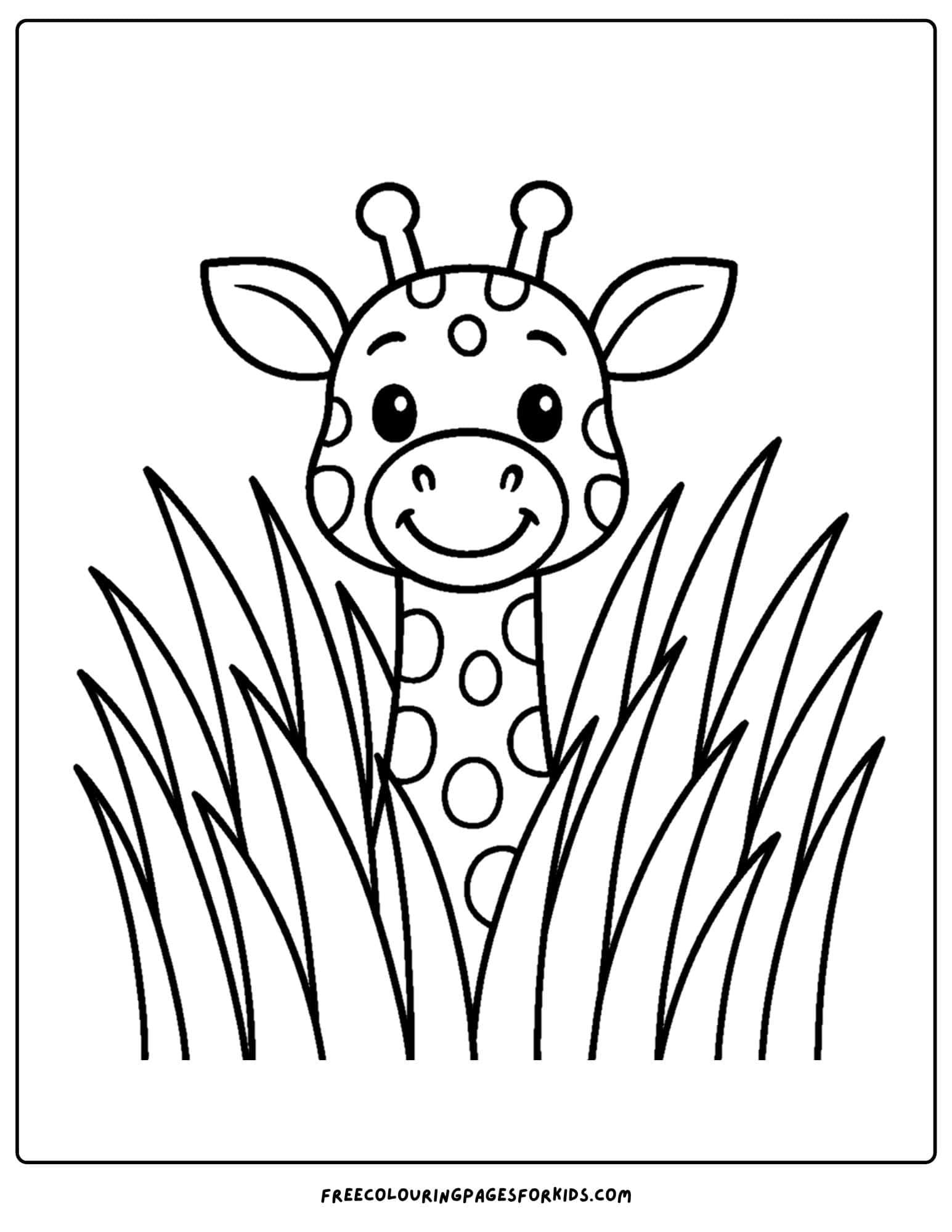 a coloring page featuring a giraffe playing in the grass
