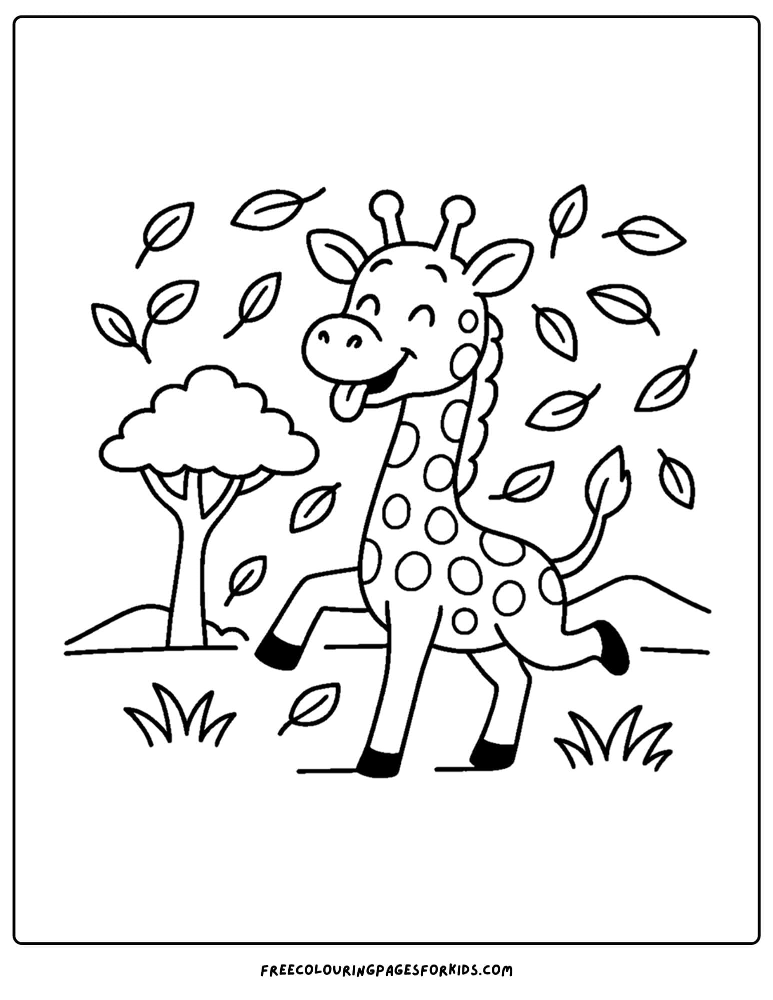 a coloring page featuring a giraffe playing with leaves
