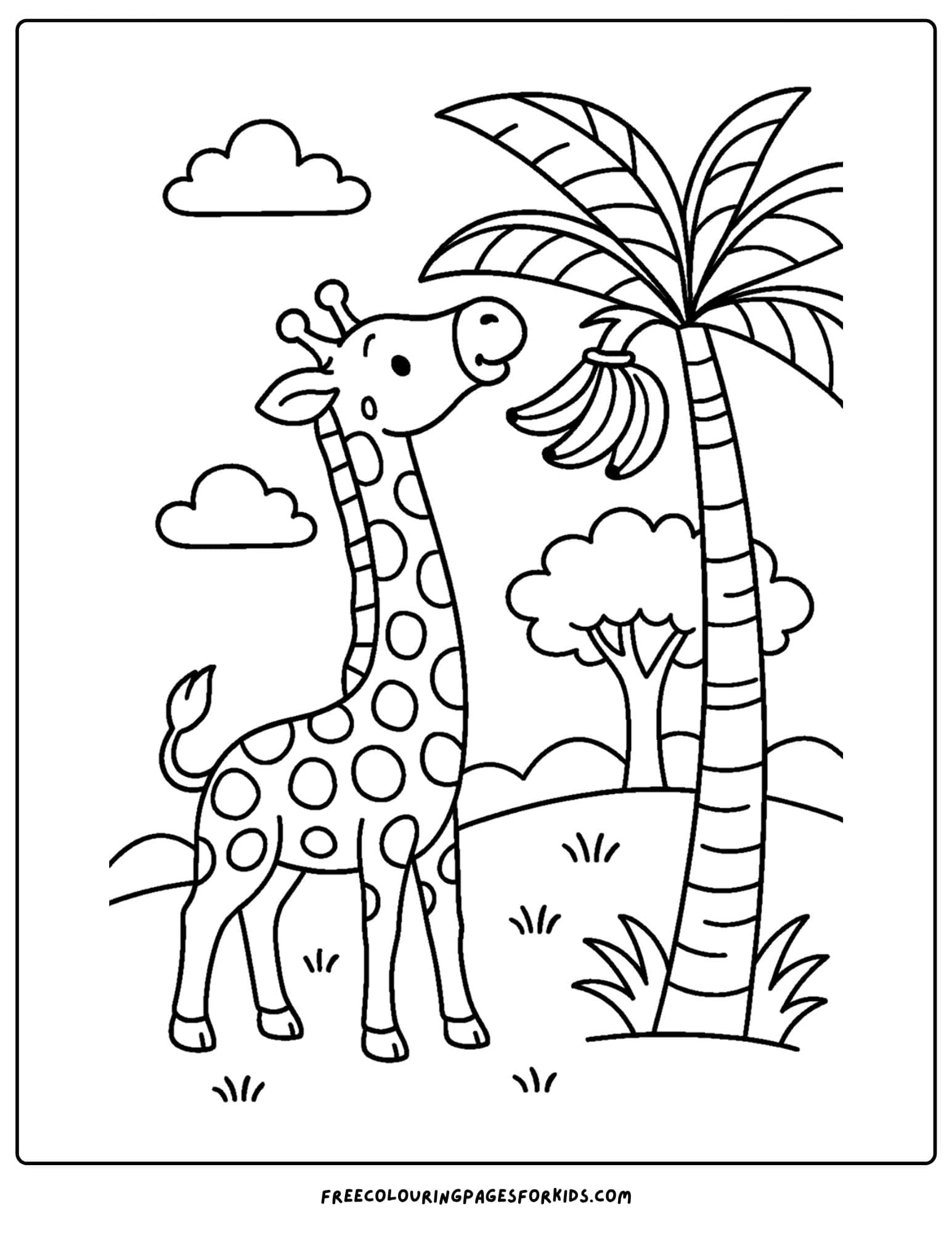 a coloring page featuring a giraffe reaching for leaves on a banana tree