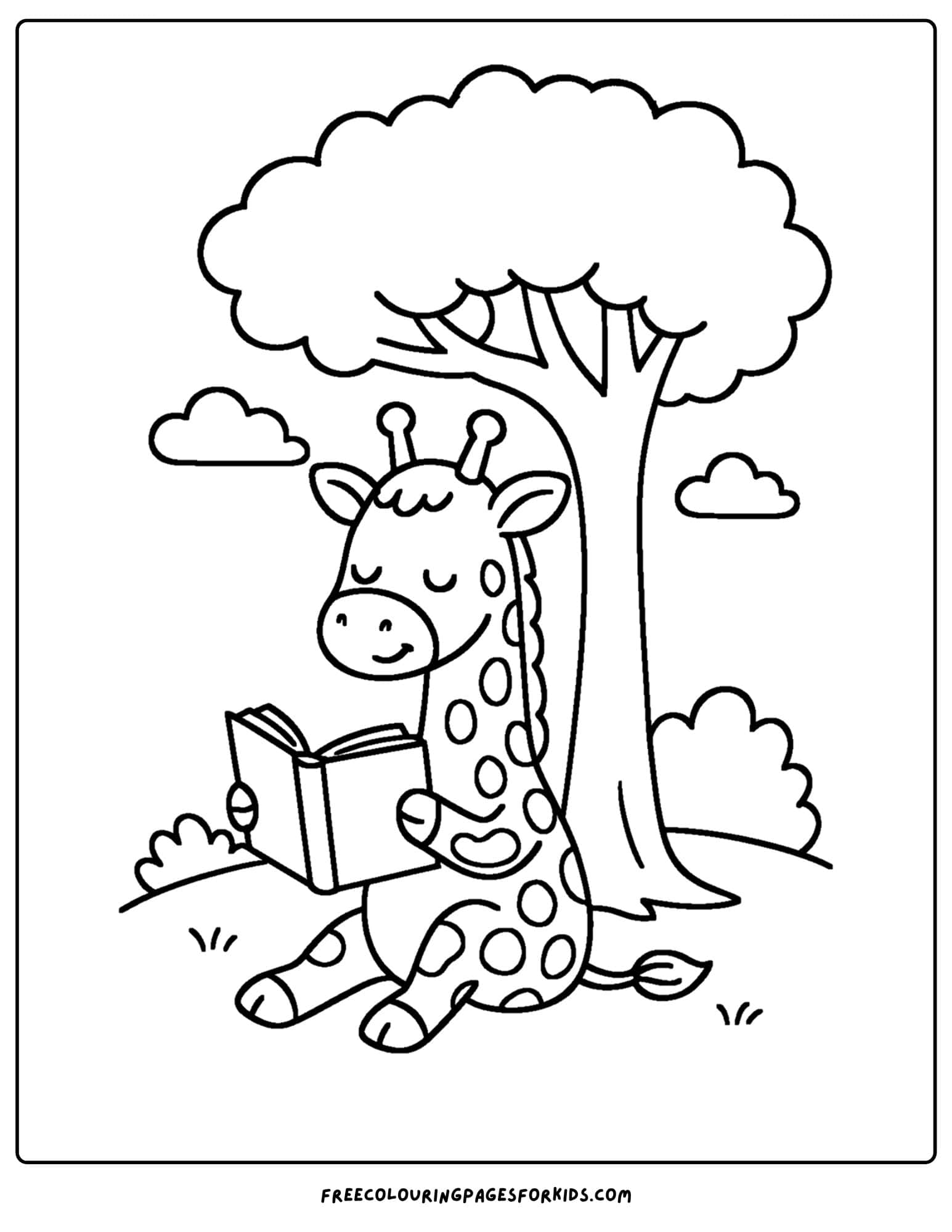 a coloring page featuring a giraffe reading a book under a tree