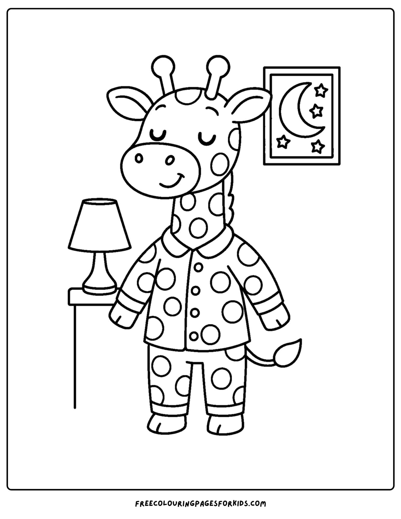 a coloring page featuring a giraffe getting ready for bed in its pjs