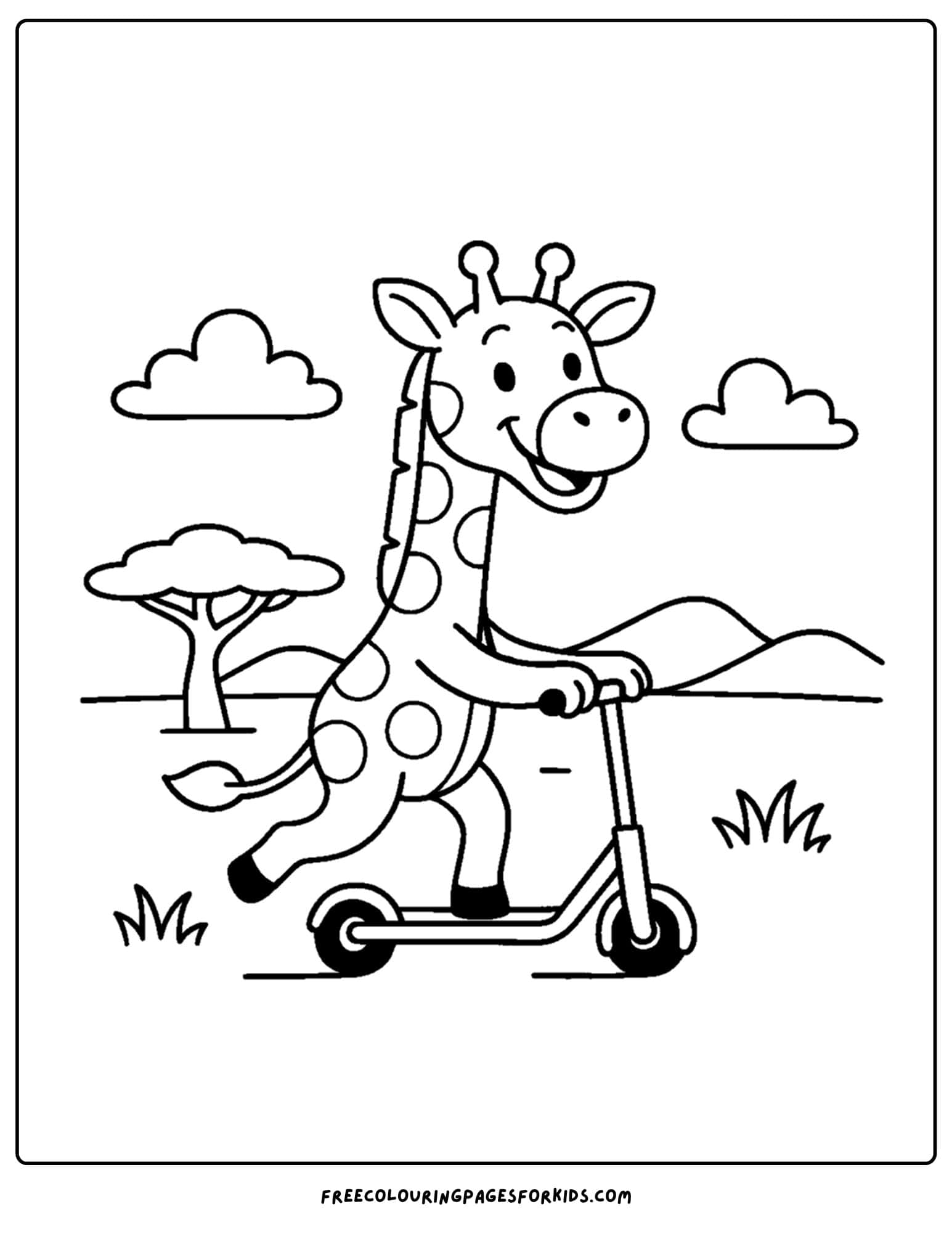 a coloring page featuring a giraffe riding a scooter