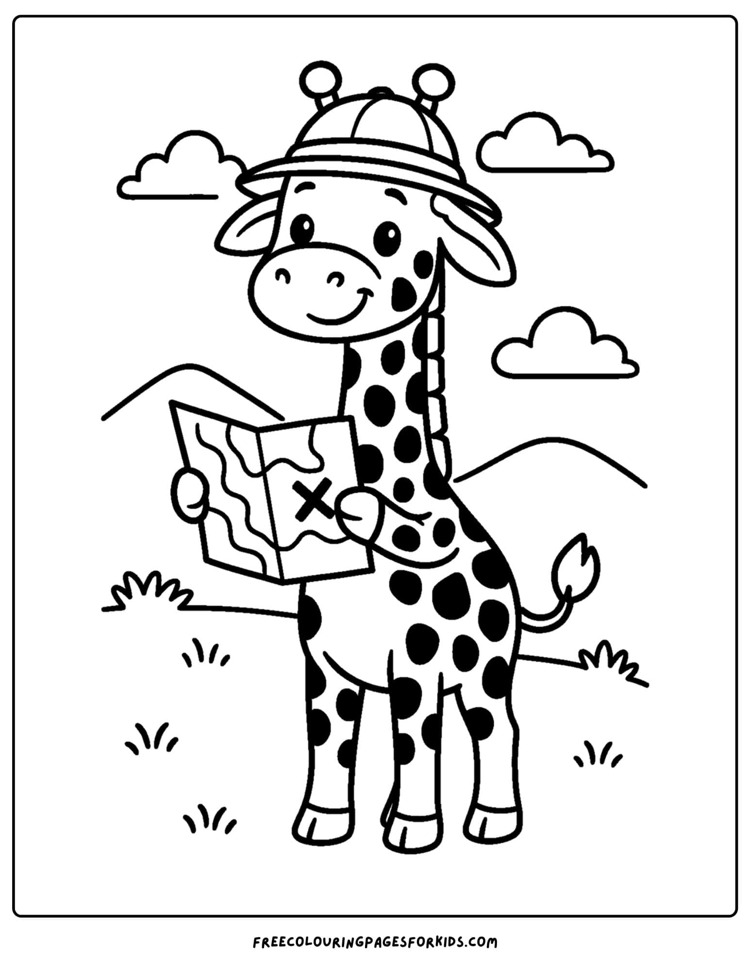 a coloring page featuring a giraffe wearing a safari hat and holding a map