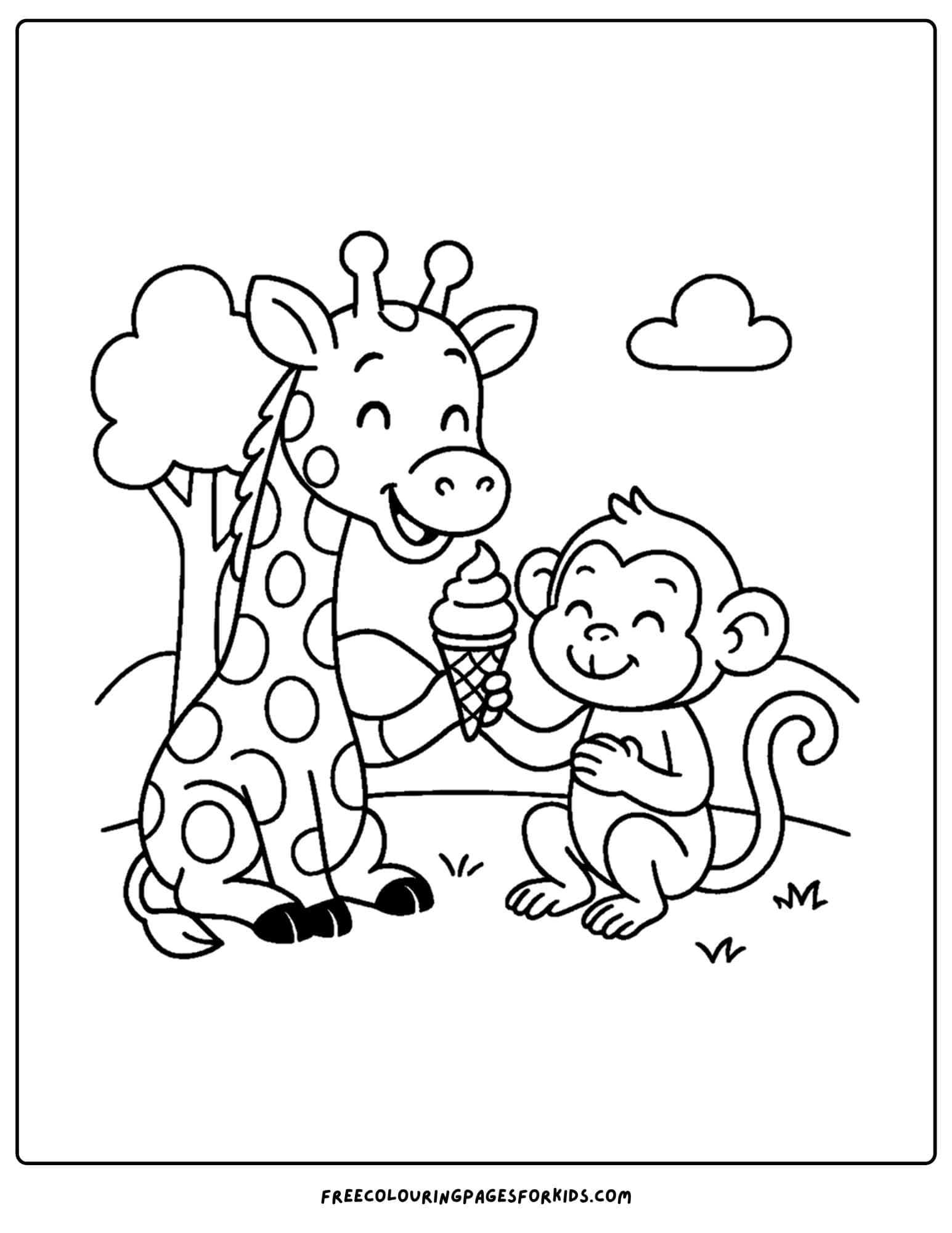 a coloring page featuring a giraffe eating ice cream with a monkey